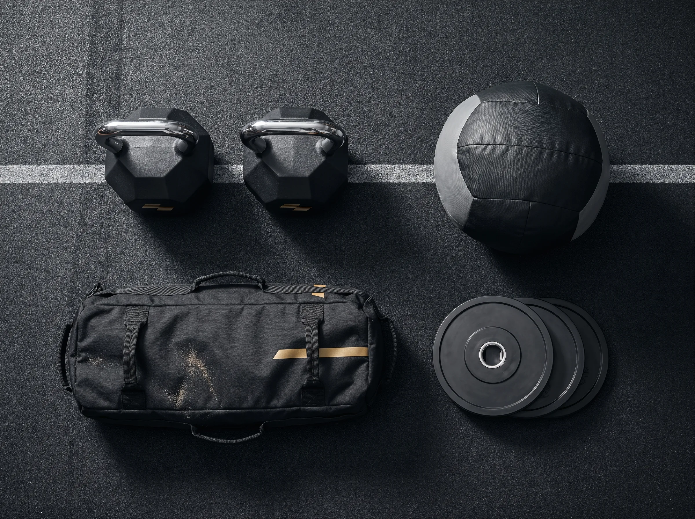 Overhead flat-lay of HYROX Pro kettlebells, sandbag, wall ball and sled plates on dark floor
