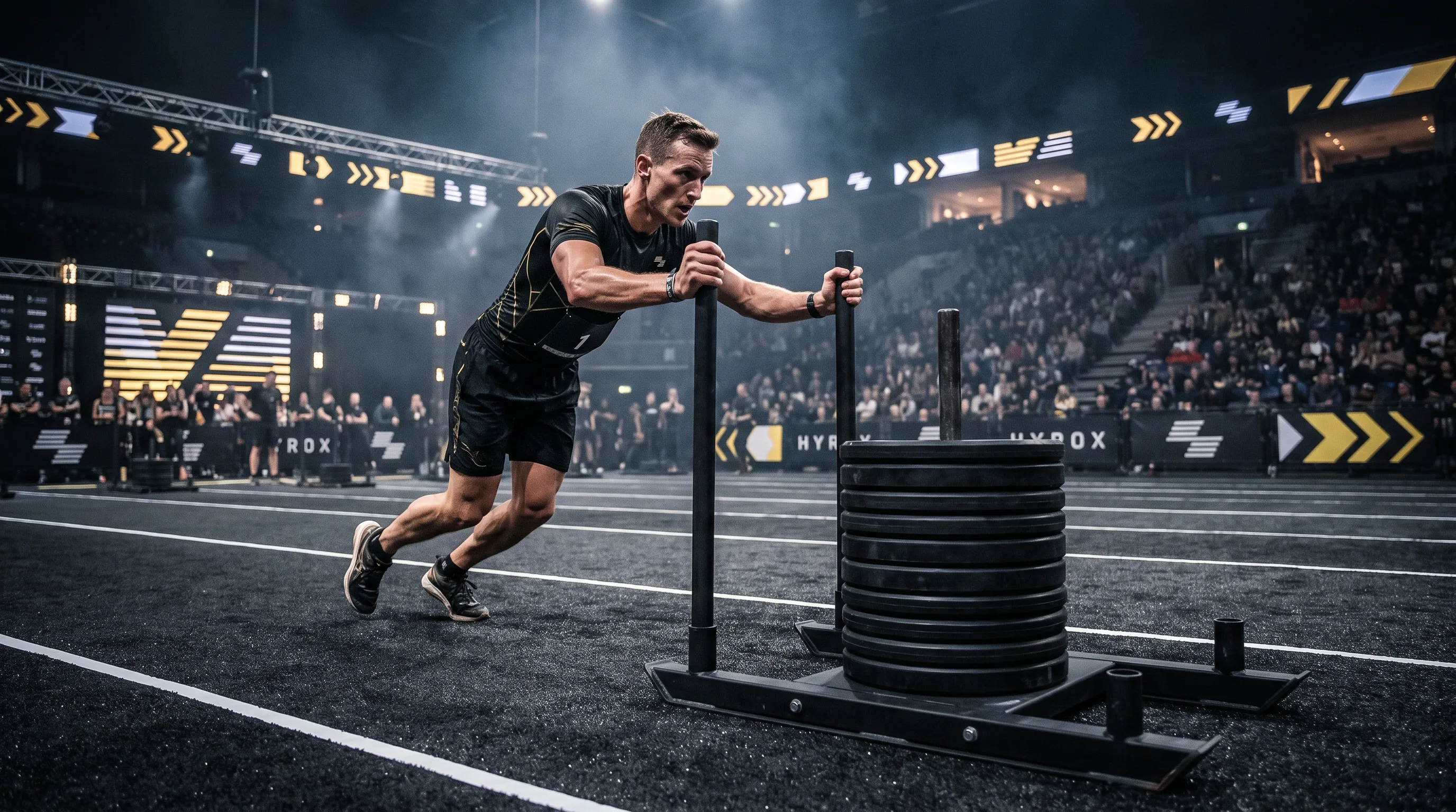 HYROX Pro athlete pushing a heavily loaded competition sled across a dark race floor