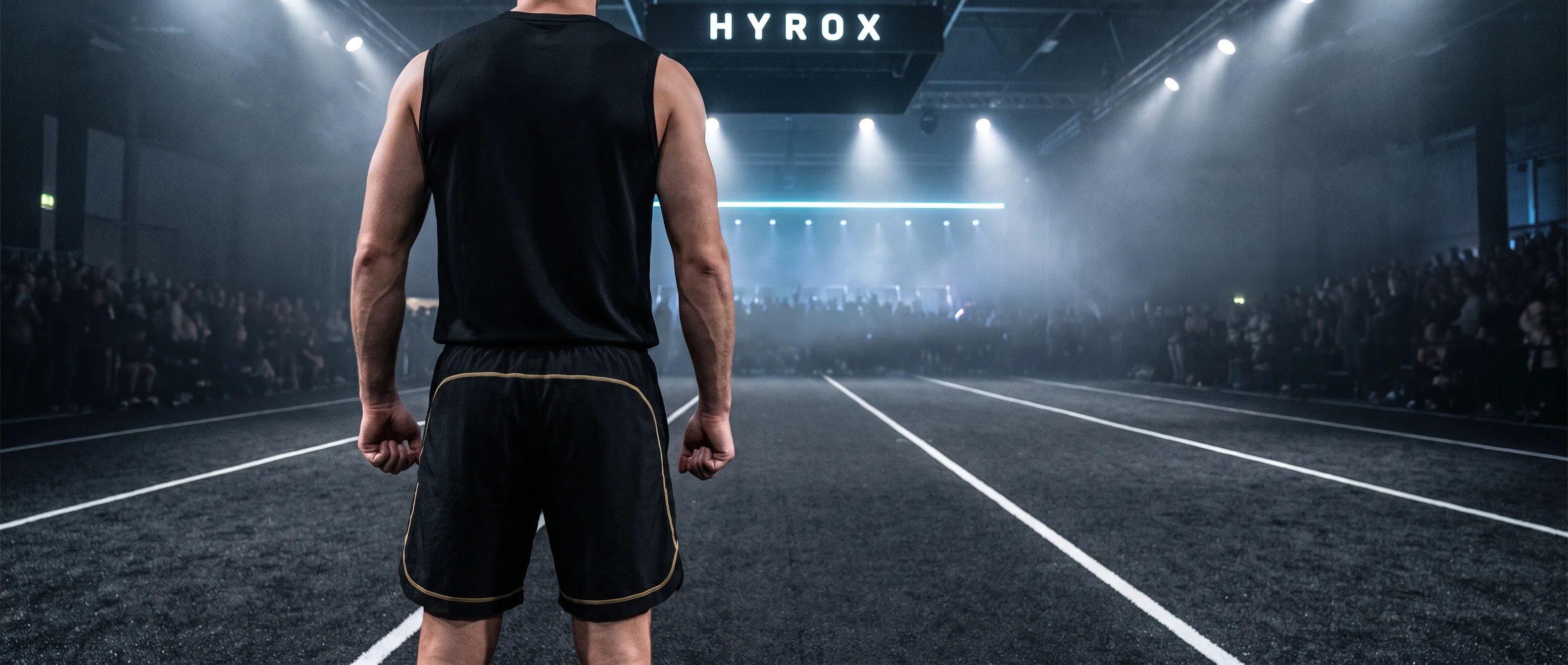 Athlete standing alone on dark HYROX arena turf under dramatic overhead spotlights