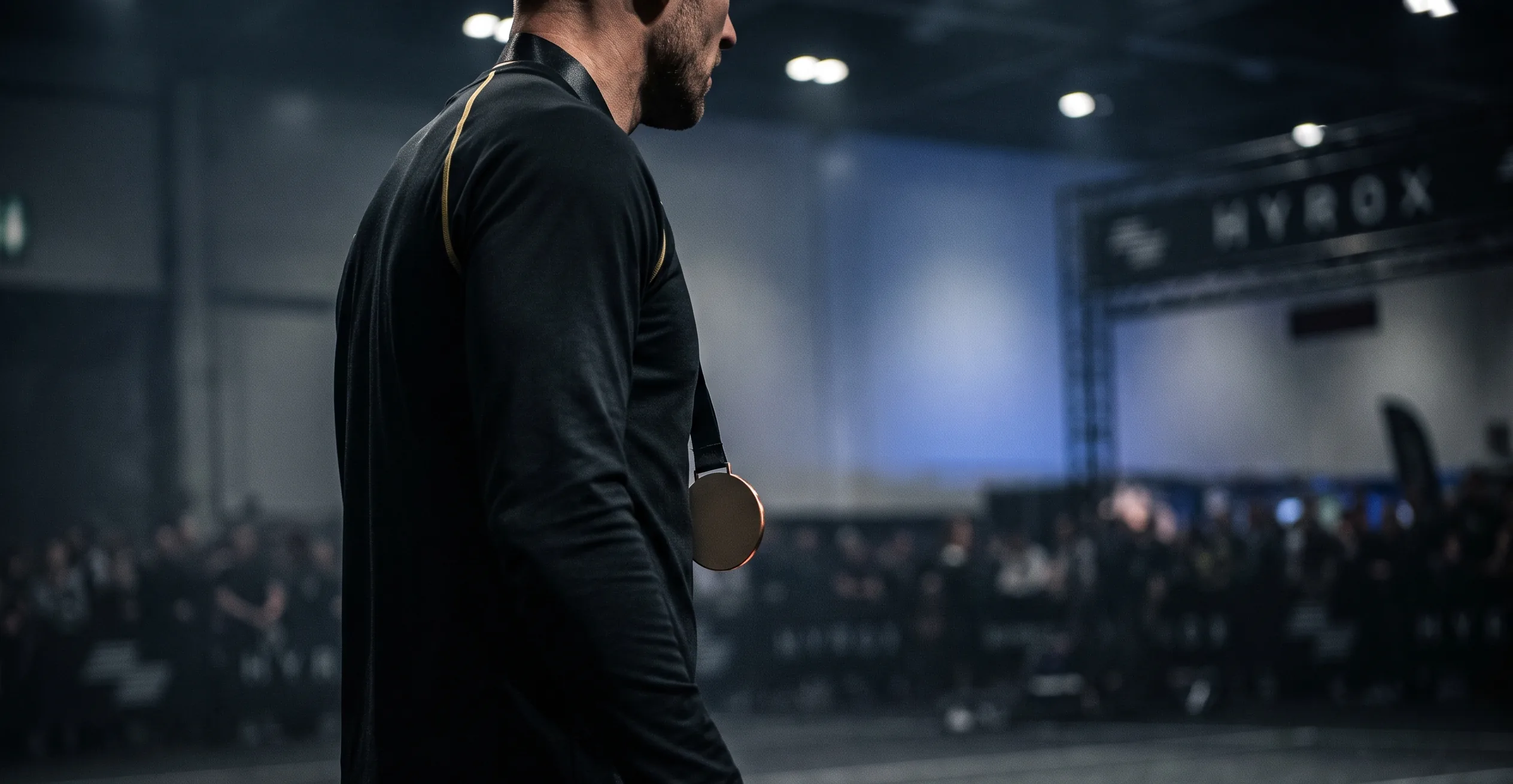 HYROX athlete wearing a medal on the arena floor, dark crowd behind