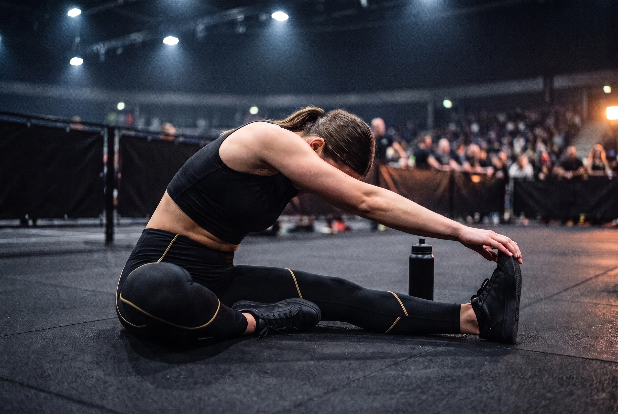 Athlete holding a seated forward fold stretch on the arena floor after a HYROX race