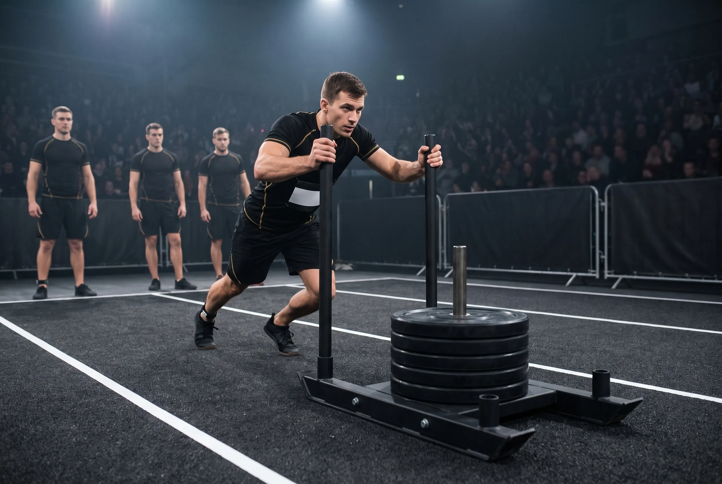 HYROX relay athlete pushing the weighted sled while teammates wait behind