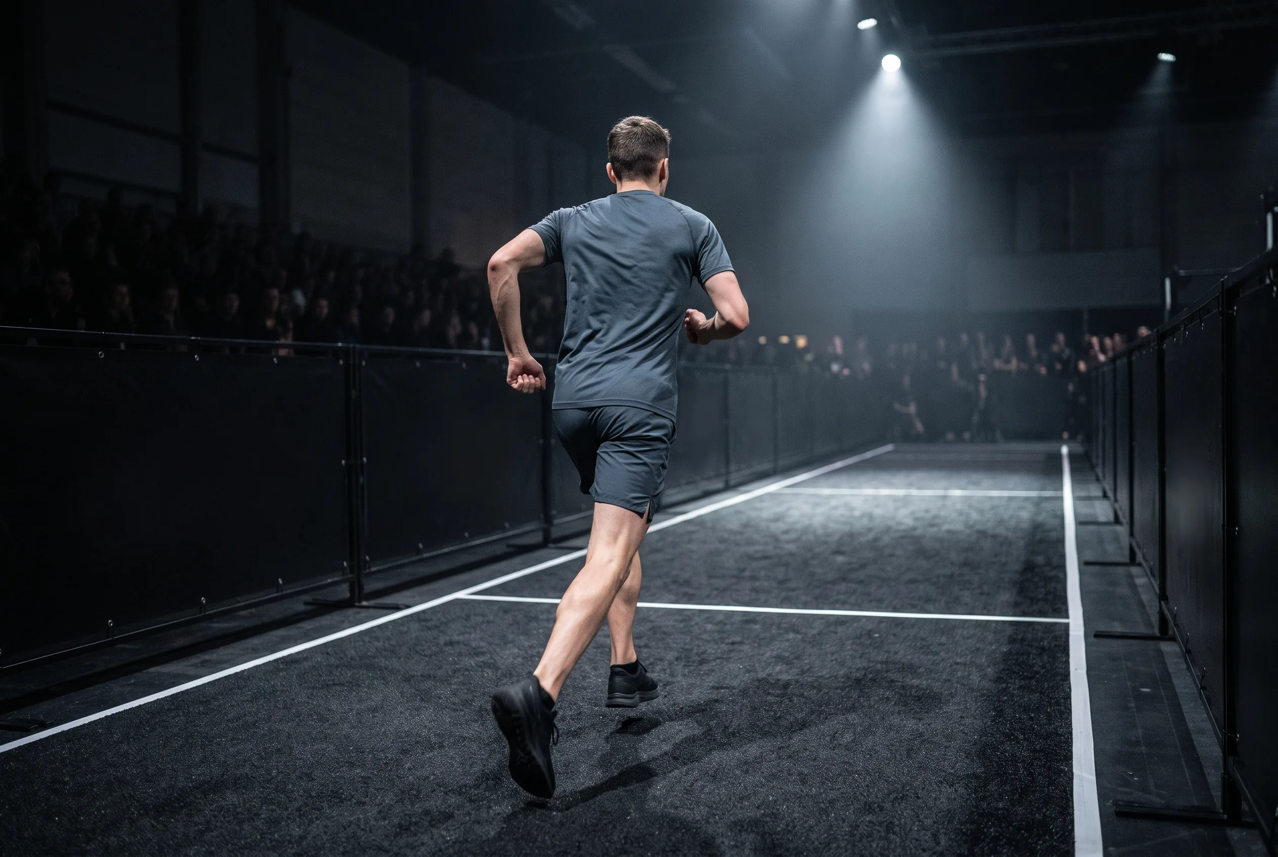 HYROX athlete accelerating out of an empty station bay into the transition lane