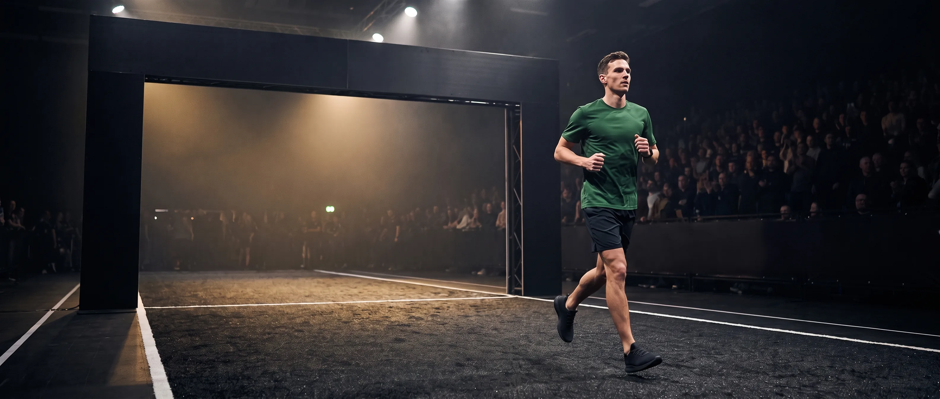 Athlete jogging through the dark HYROX arena transition corridor beneath a plain gantry arch
