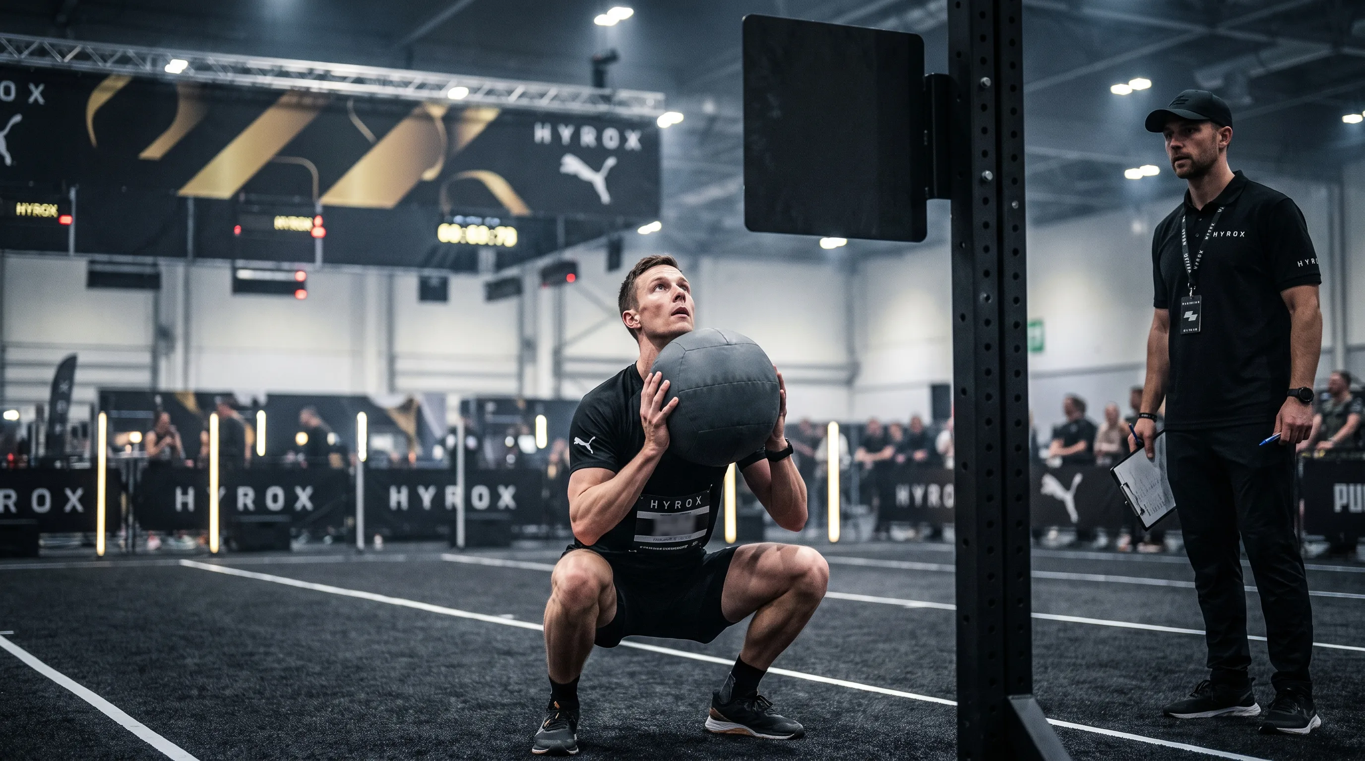 Athlete performing a HYROX station on a dark arena floor while a judge watches.