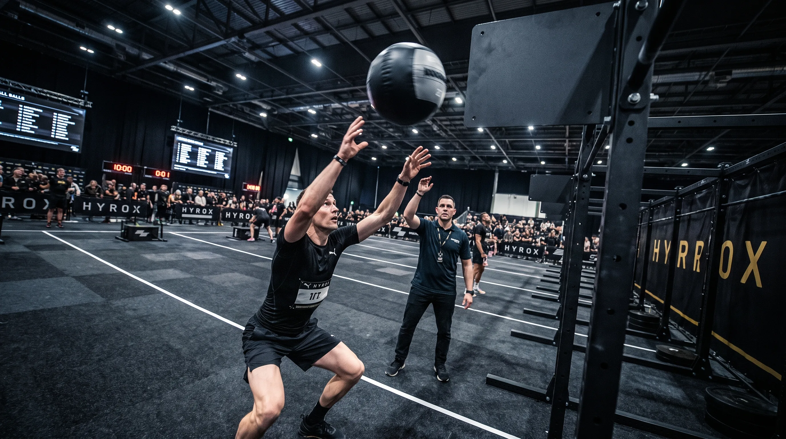 HYROX judge assessing an athlete's wall ball rep for full range of motion.