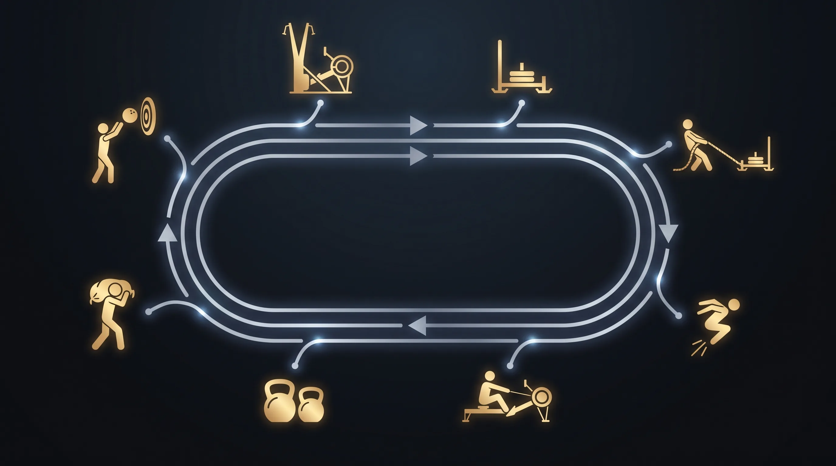 Diagram of the HYROX run and station sequence looping around a dark circuit.