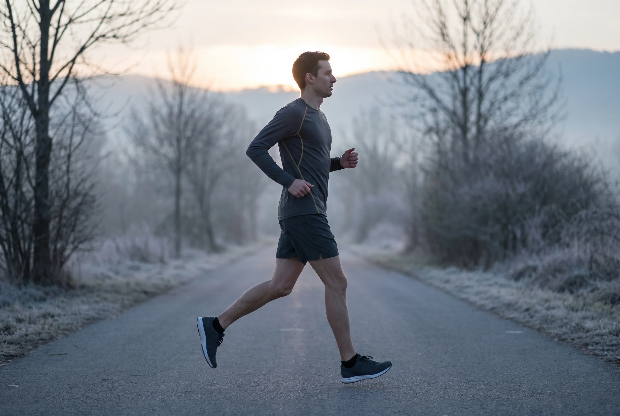 Runner on an empty misty path during an easy aerobic training run