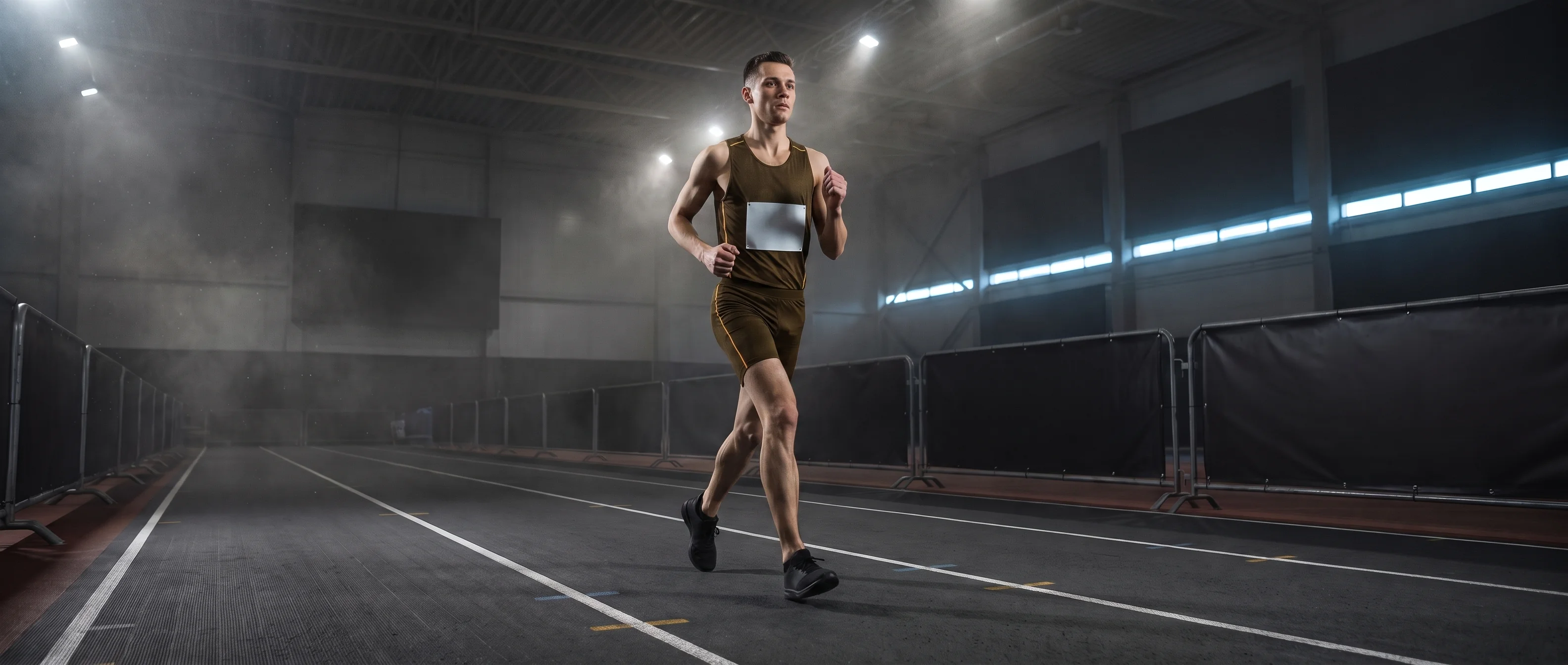 Athlete running a marked lane in a dark HYROX competition arena under spotlights