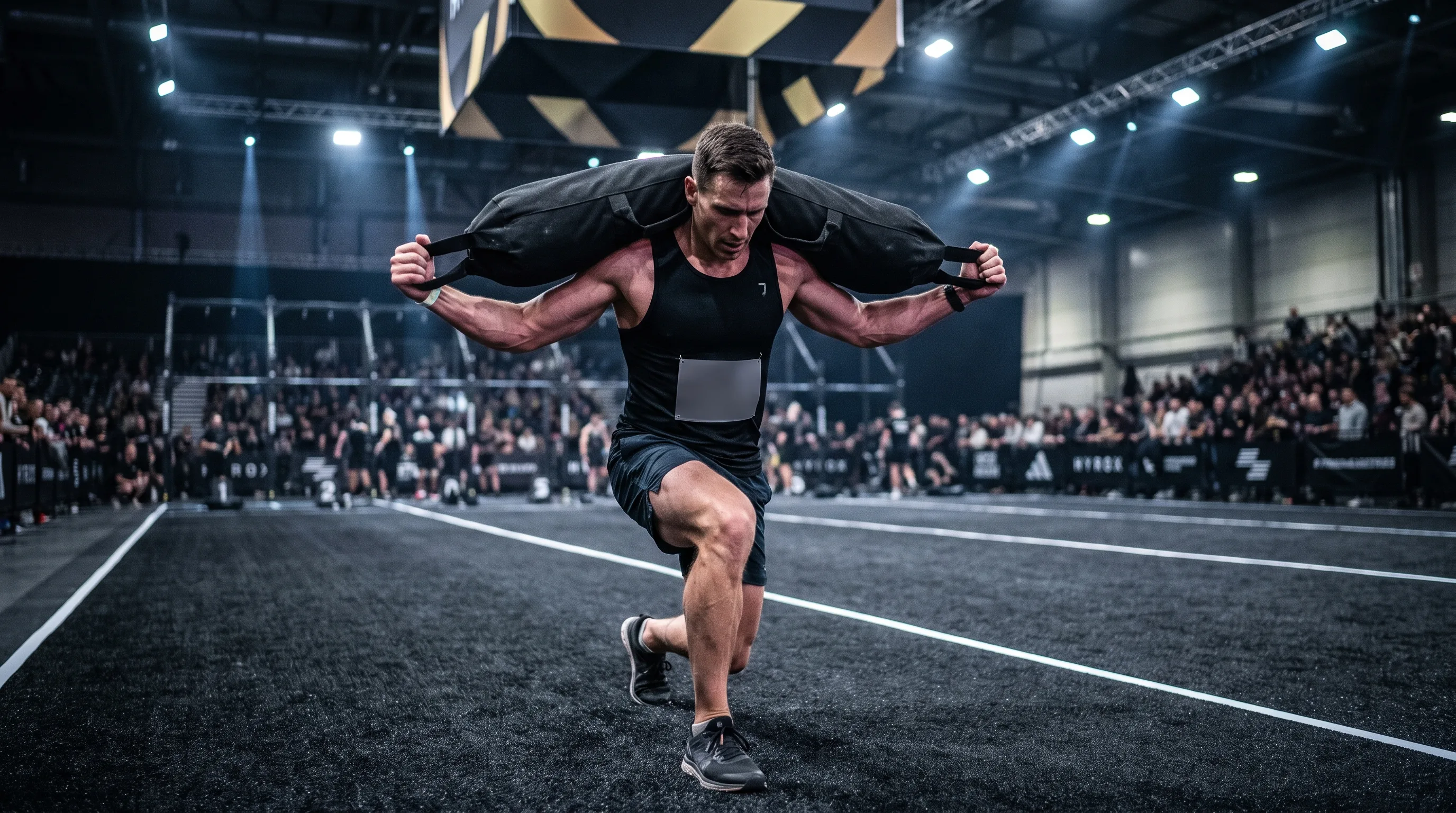 Athlete lunging with a sandbag across both shoulders on a dark HYROX competition floor