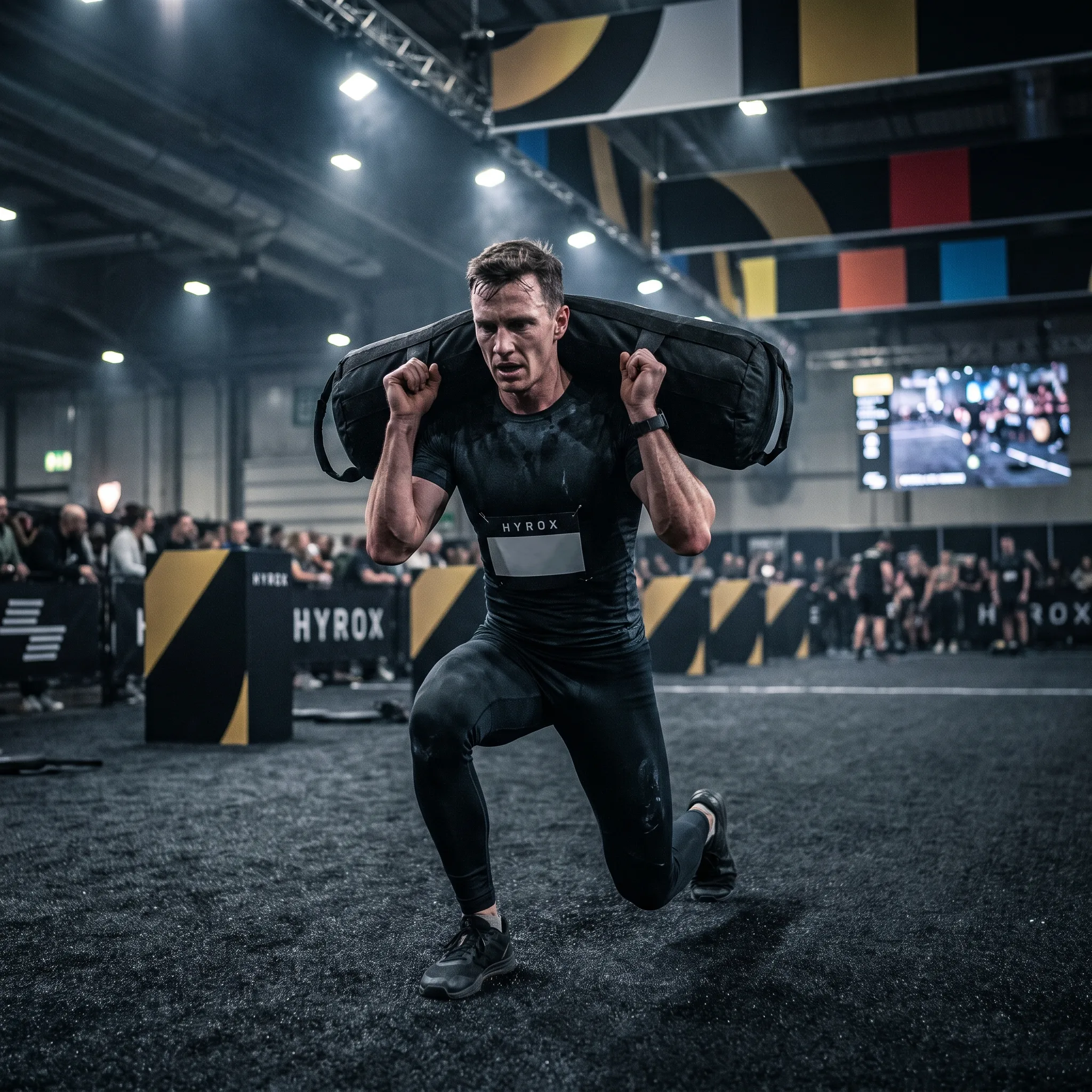 HYROX lunge rep showing the trailing knee touching the floor under load