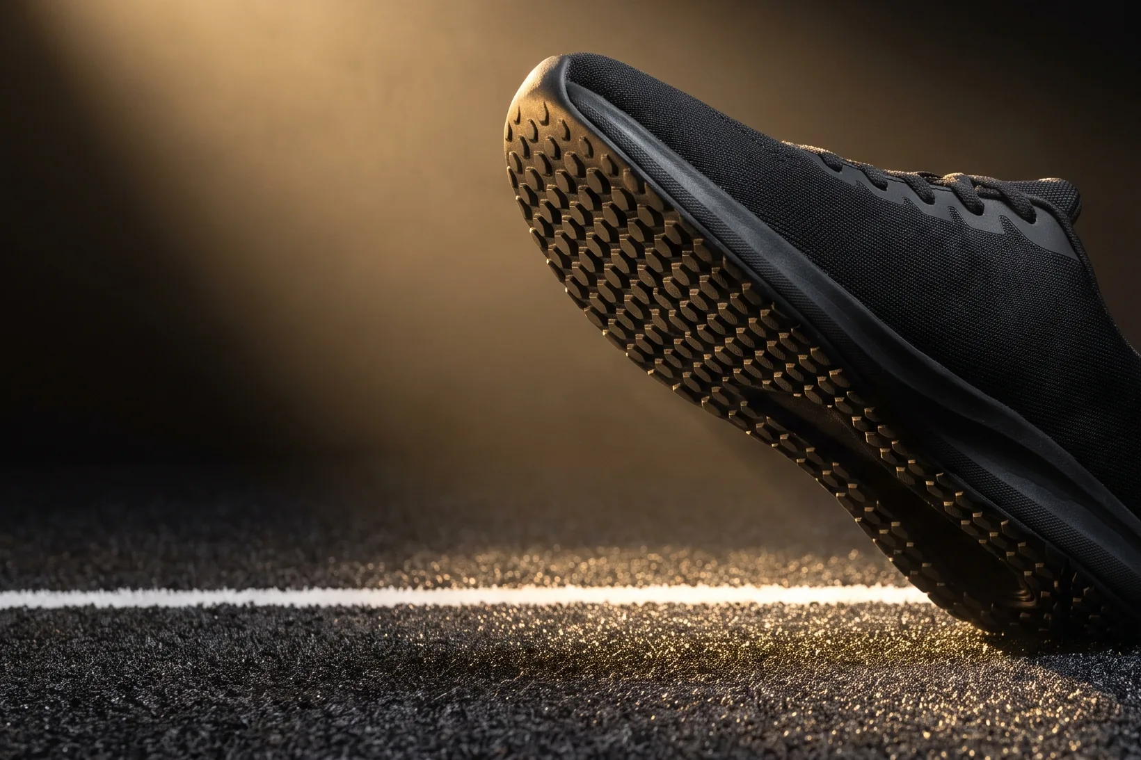 Close view of an unbranded running shoe's full-coverage rubber forefoot outsole