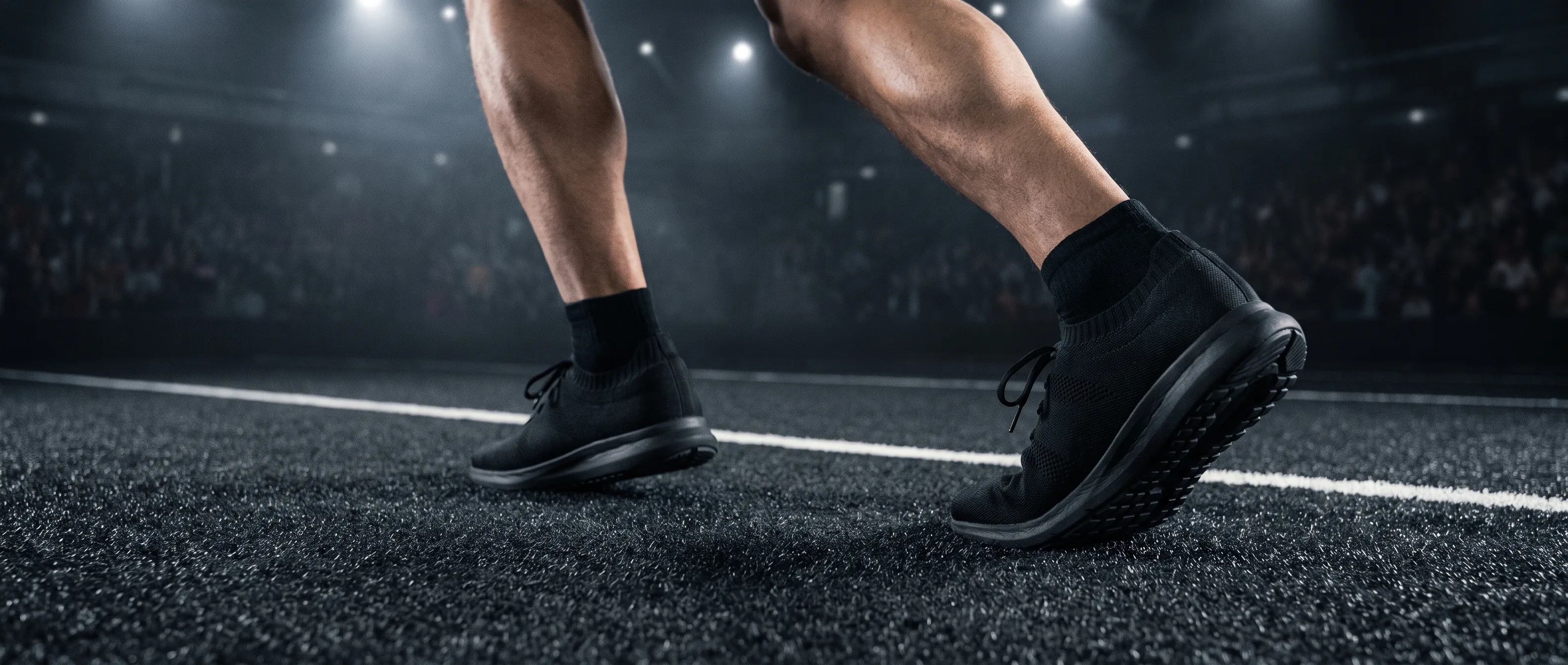 Athlete's unbranded black shoes driving a loaded HYROX sled forward across dark turf
