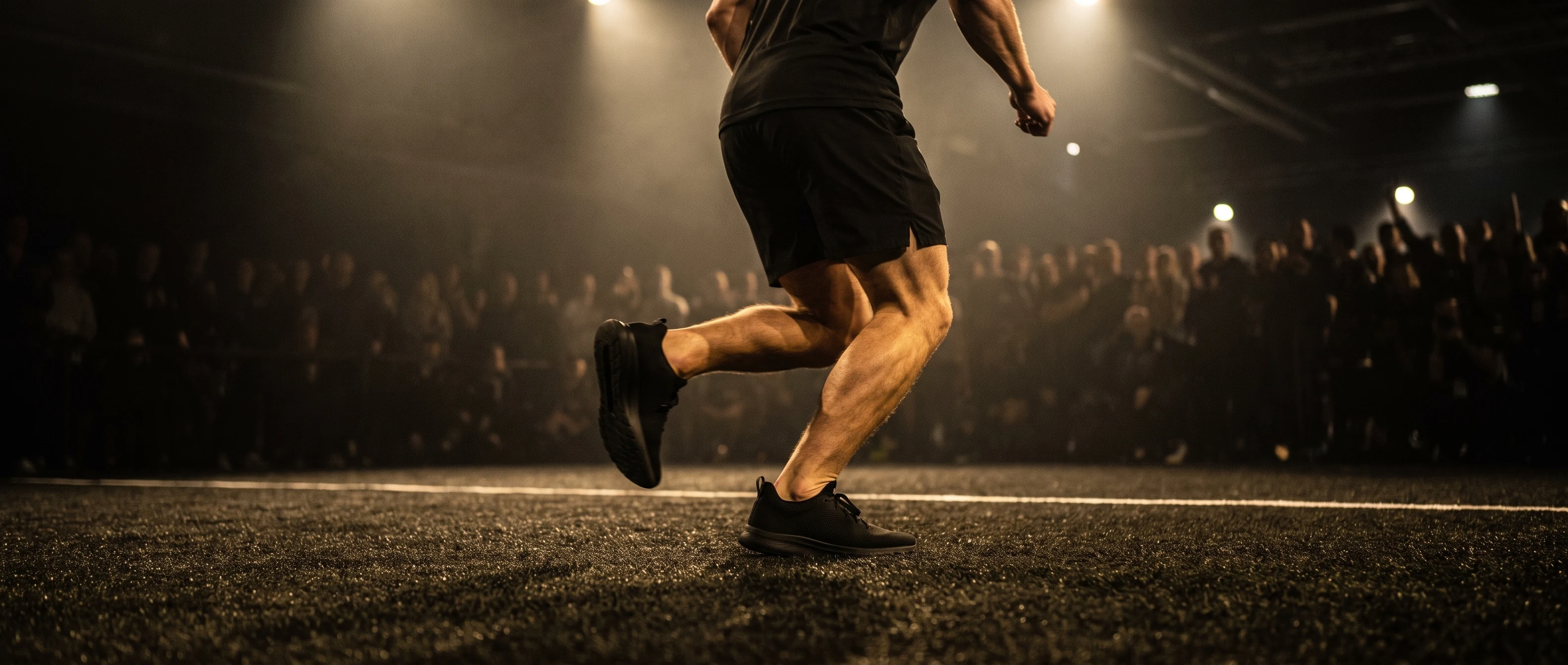 HYROX athlete mid-stride on arena turf lane with lead foot loaded flat