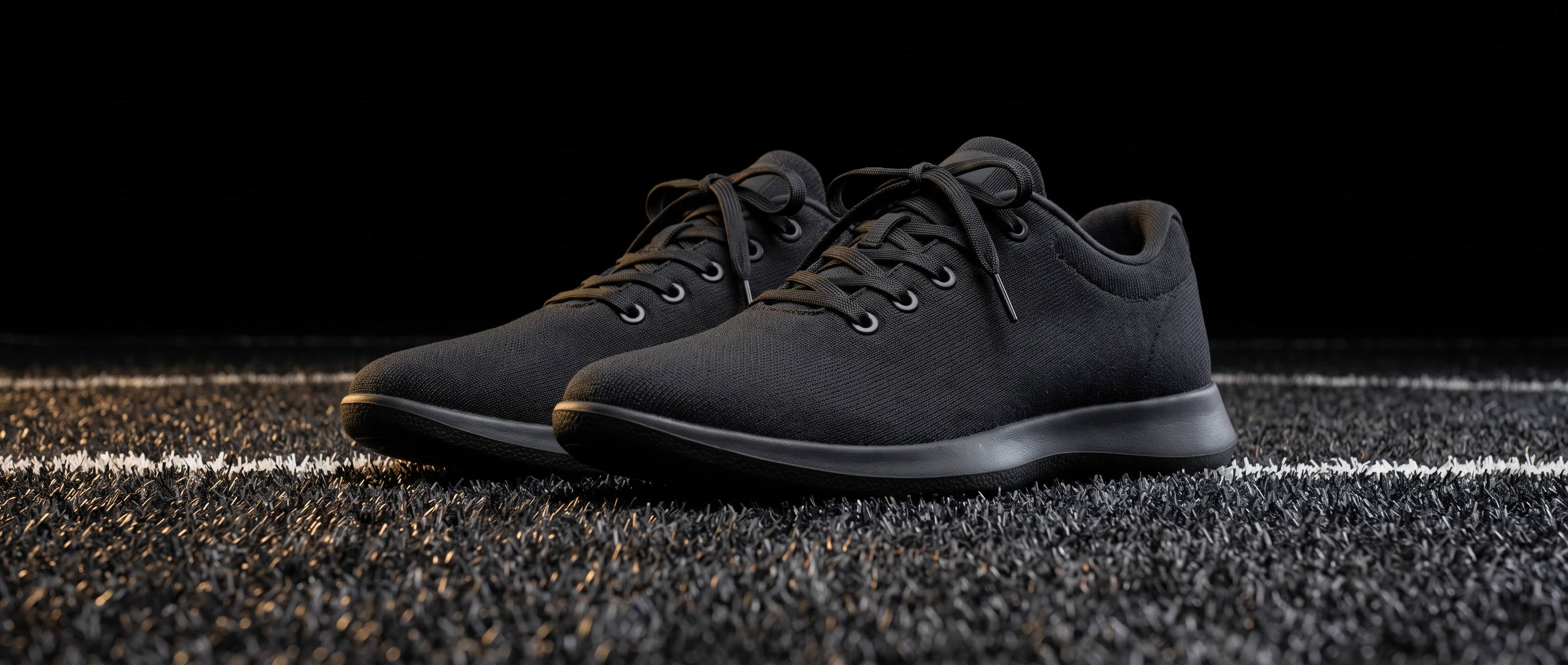 Plain unbranded black trainers resting together on HYROX competition turf under low gold light