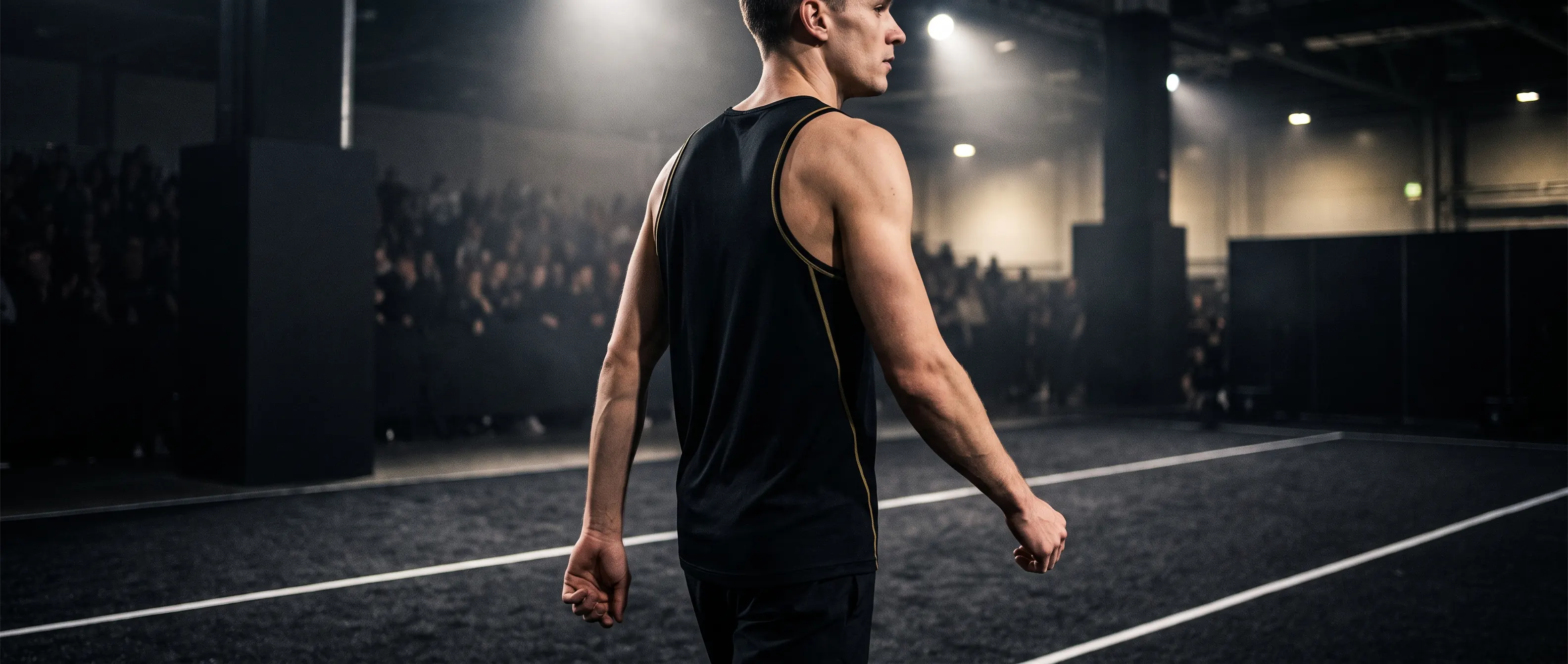 HYROX athlete running the arena course, shoulders and upper back in focus.