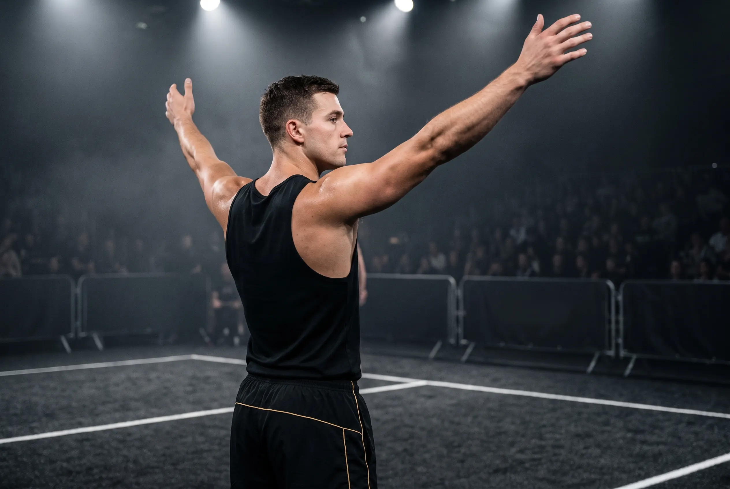 Rear three-quarter view of a lean athlete standing with both arms raised wide overhead, shoulder girdle and upper back lit