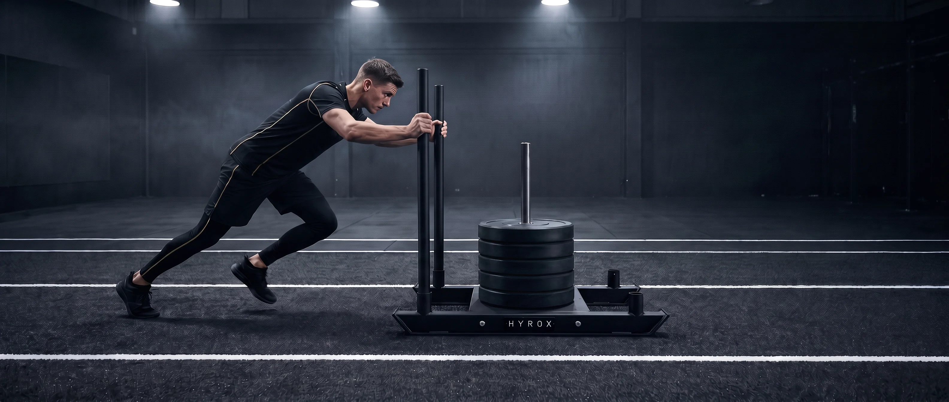 Athlete pushing a HYROX sled down a marked lane during a gym race simulation