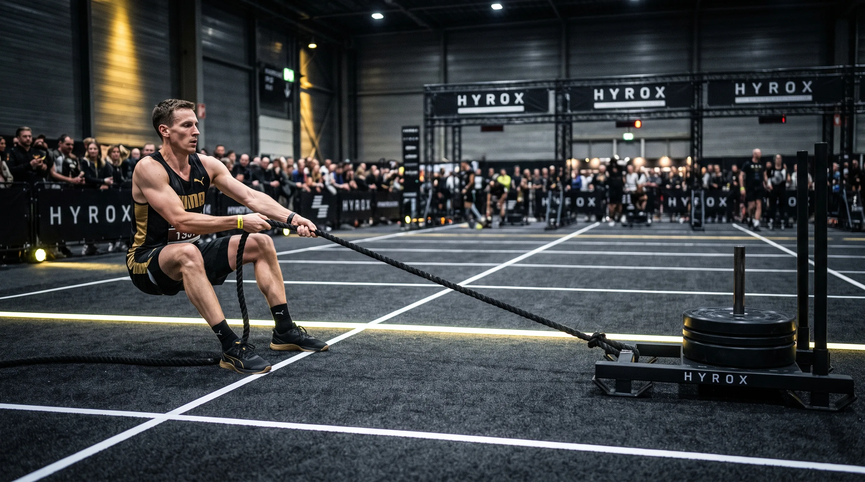 HYROX athlete leaning back to drag a loaded rope sled across dark competition flooring