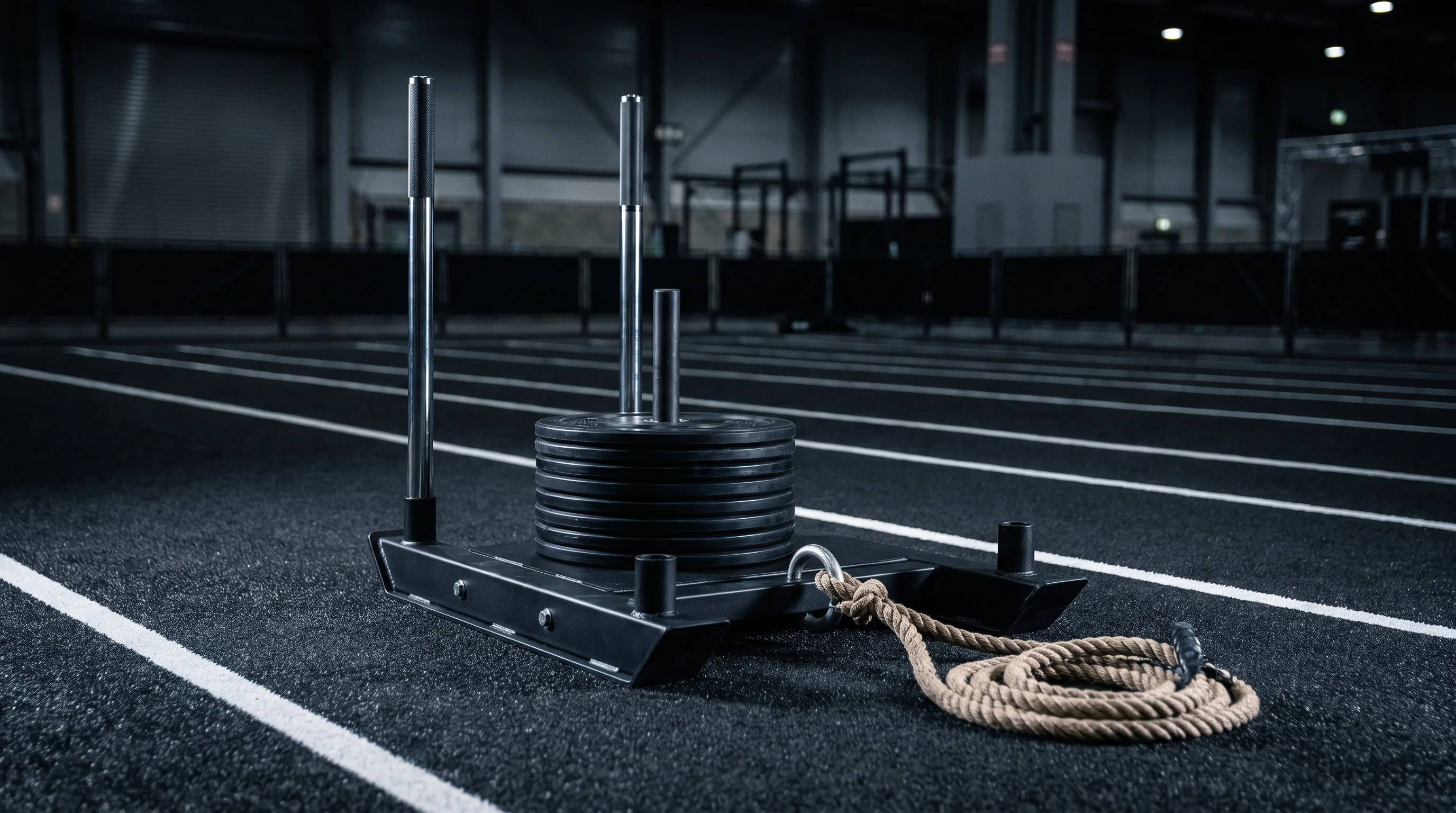 A loaded HYROX pull sled with coiled rope on dark competition flooring under dramatic lighting