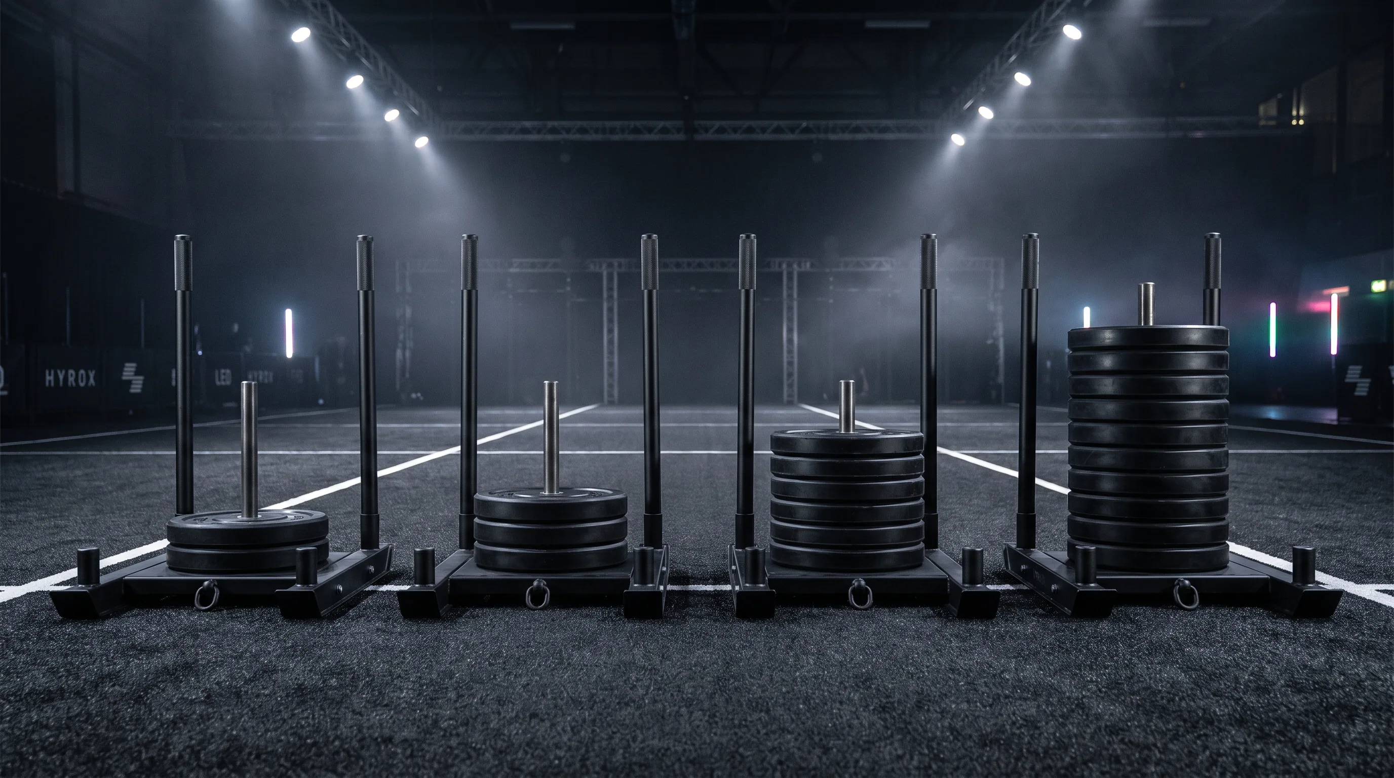 Four HYROX sleds loaded from lightest to heaviest showing the open to pro weight progression