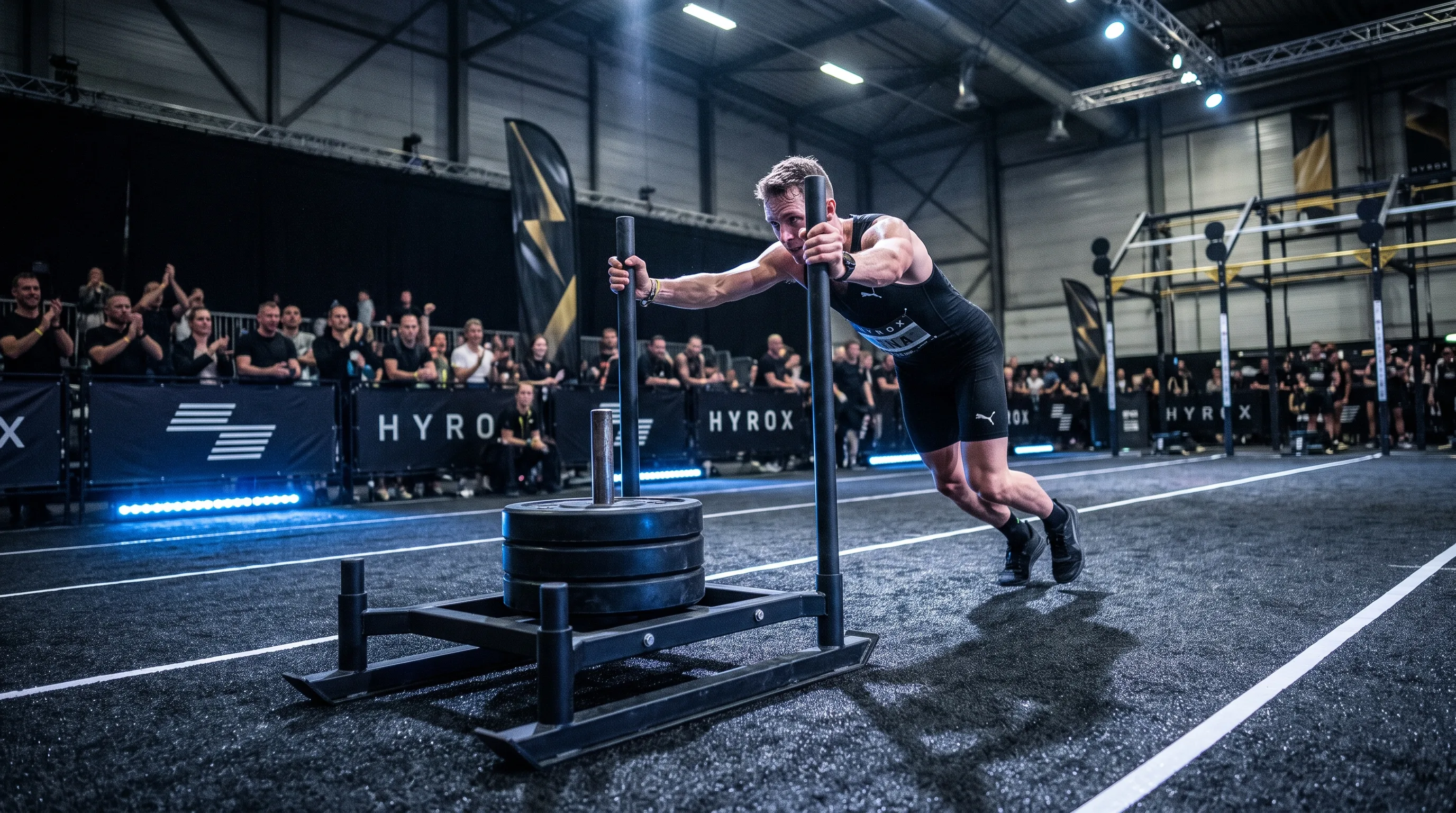 HYROX athlete driving a loaded sled across the competition floor during the sled push station