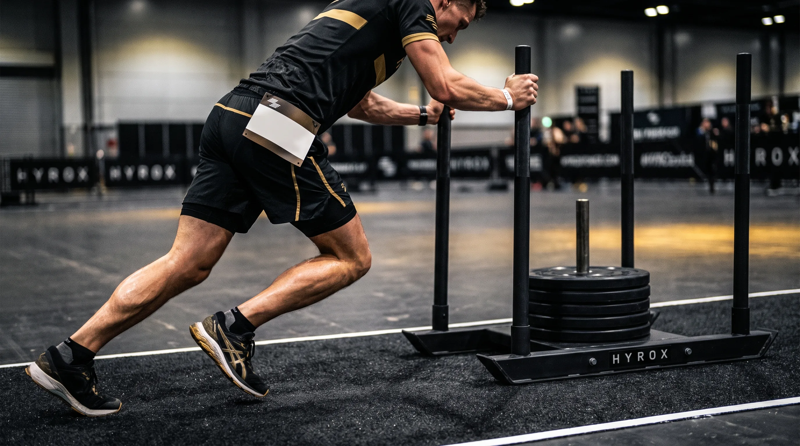 Close-up of athlete leg drive and sled contact showing technique on the HYROX sled push