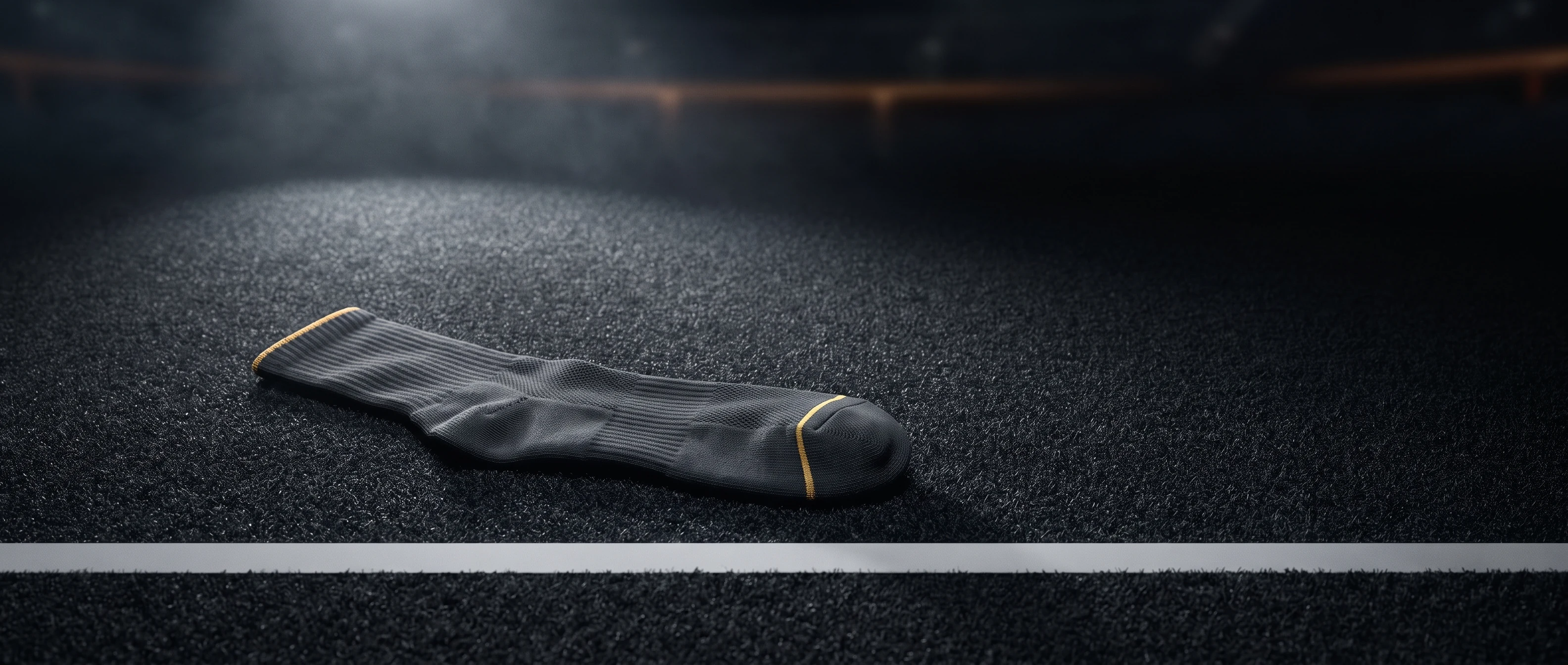 Single charcoal crew-height performance sock resting on dark HYROX competition turf under arena lighting
