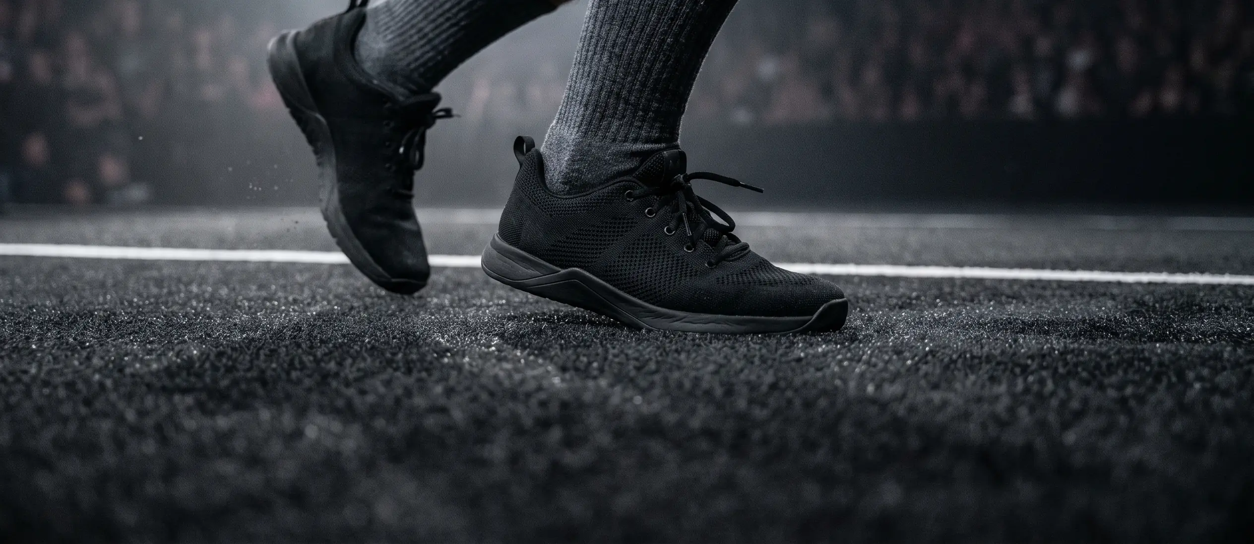Shod feet mid running stride on dark HYROX competition turf under arena lighting