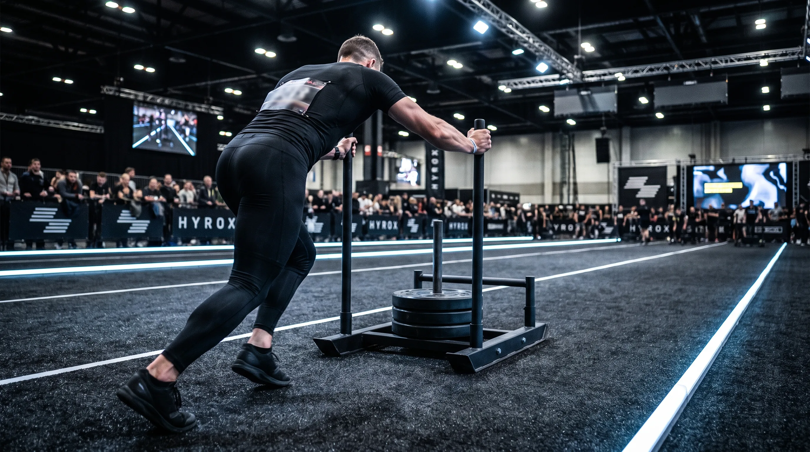 HYROX athlete driving a weighted sled push across the arena turf floor