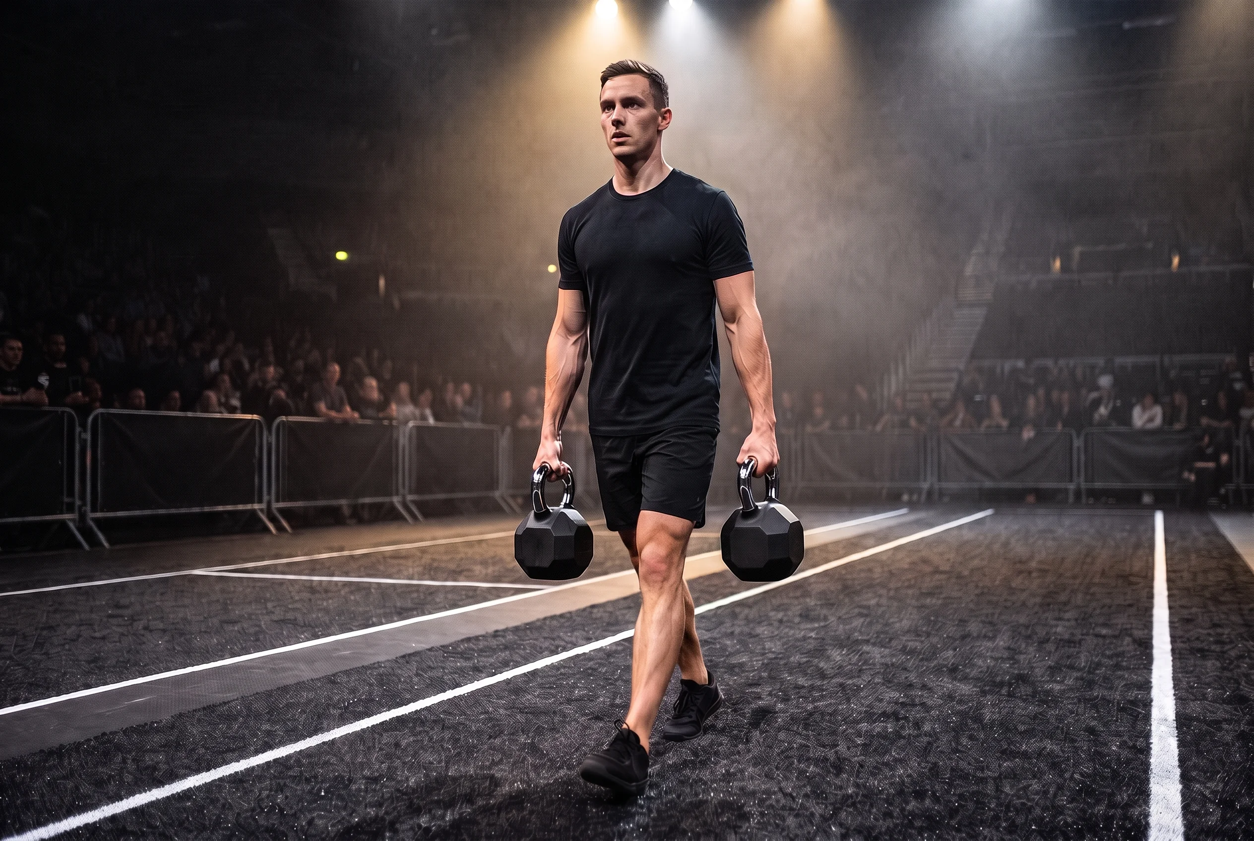 HYROX athlete carrying octagonal kettlebells one per hand on turf lane