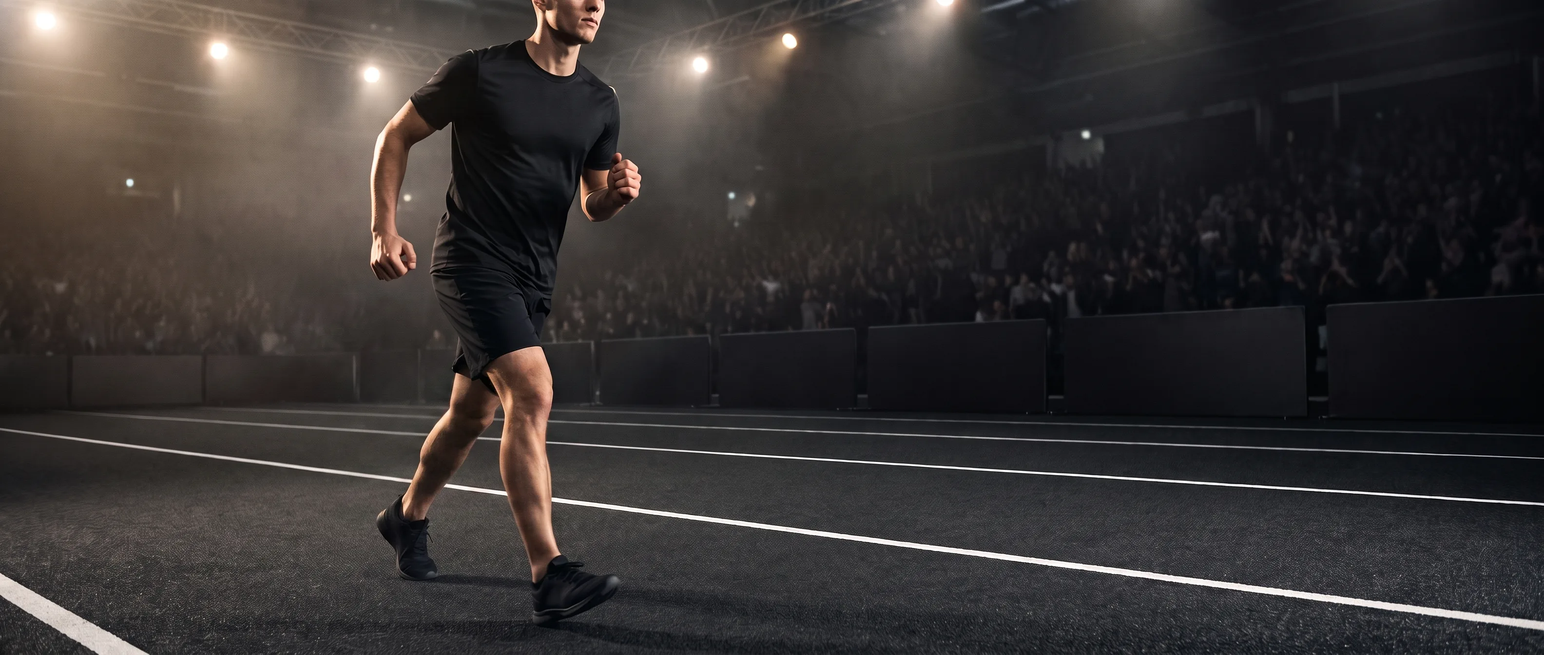 Lean HYROX athlete running a dark arena turf lane under spotlights