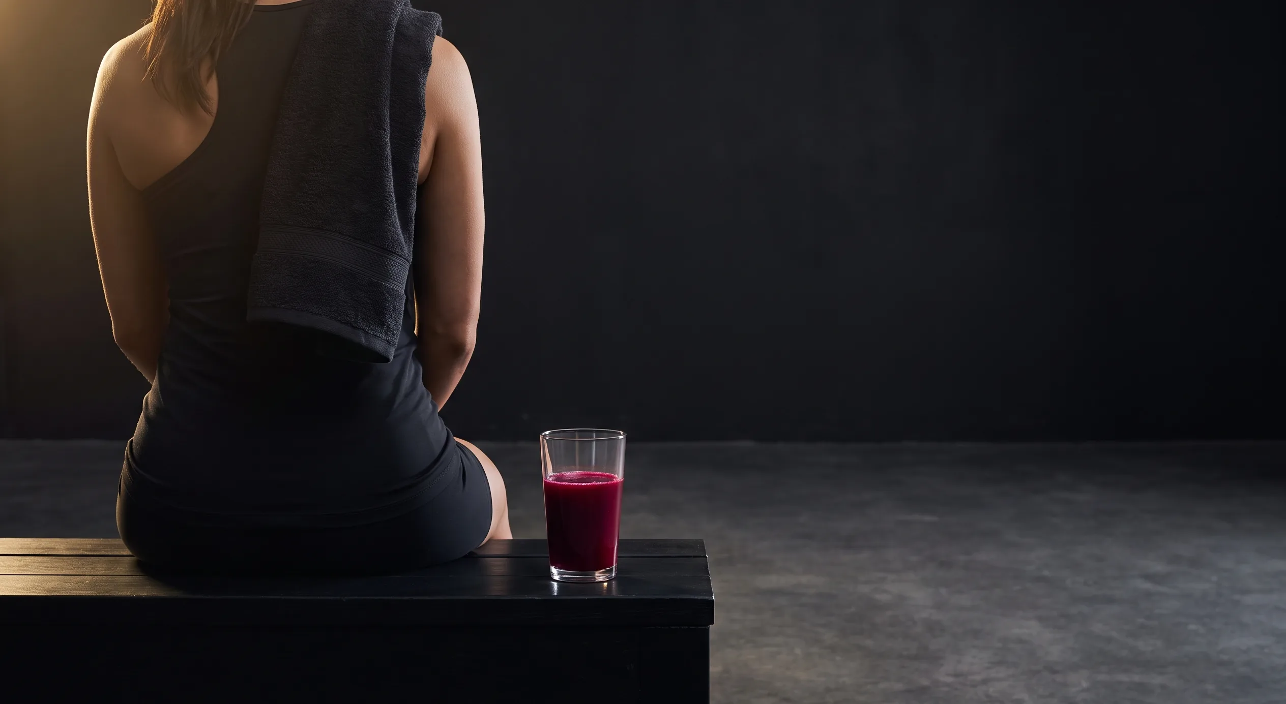 An athlete sits on a bench before training beside a glass of beetroot juice.