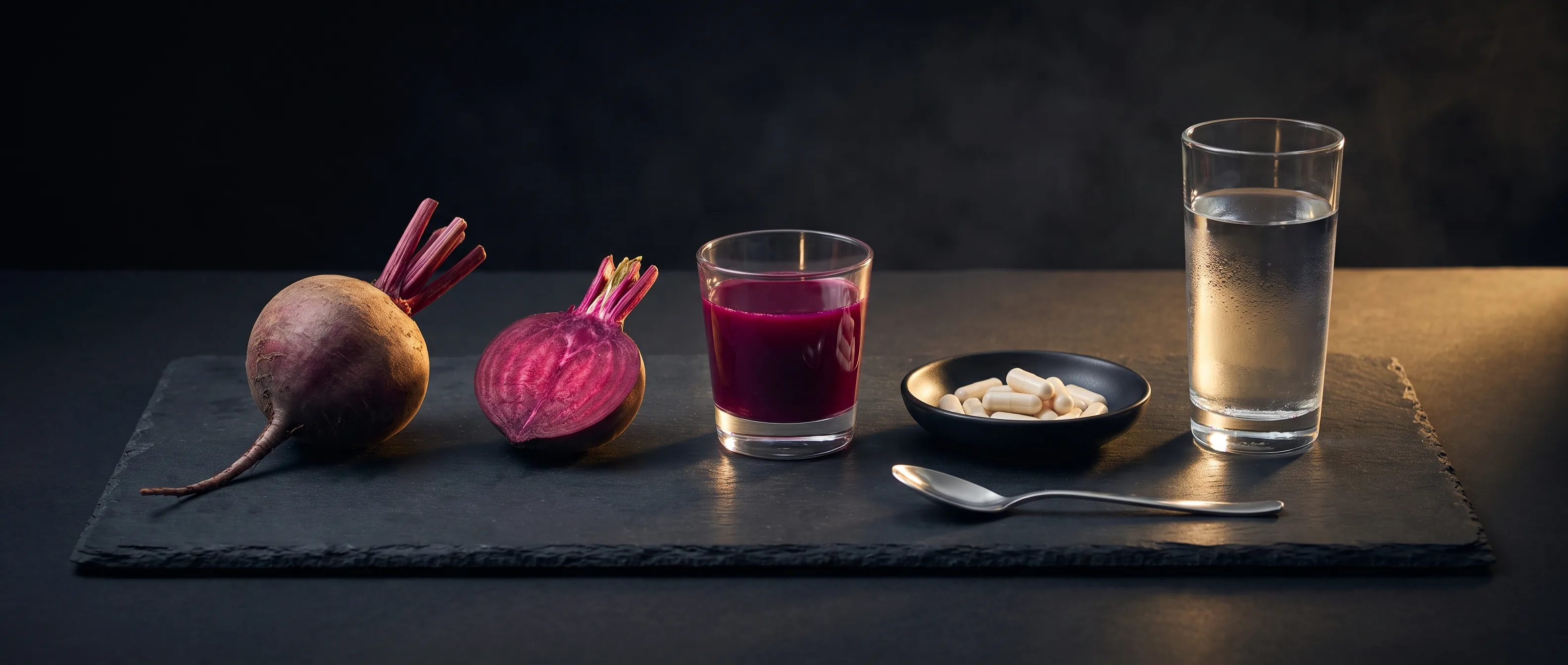 Beetroot, beetroot juice, plain capsules and water stand in a row on dark slate.