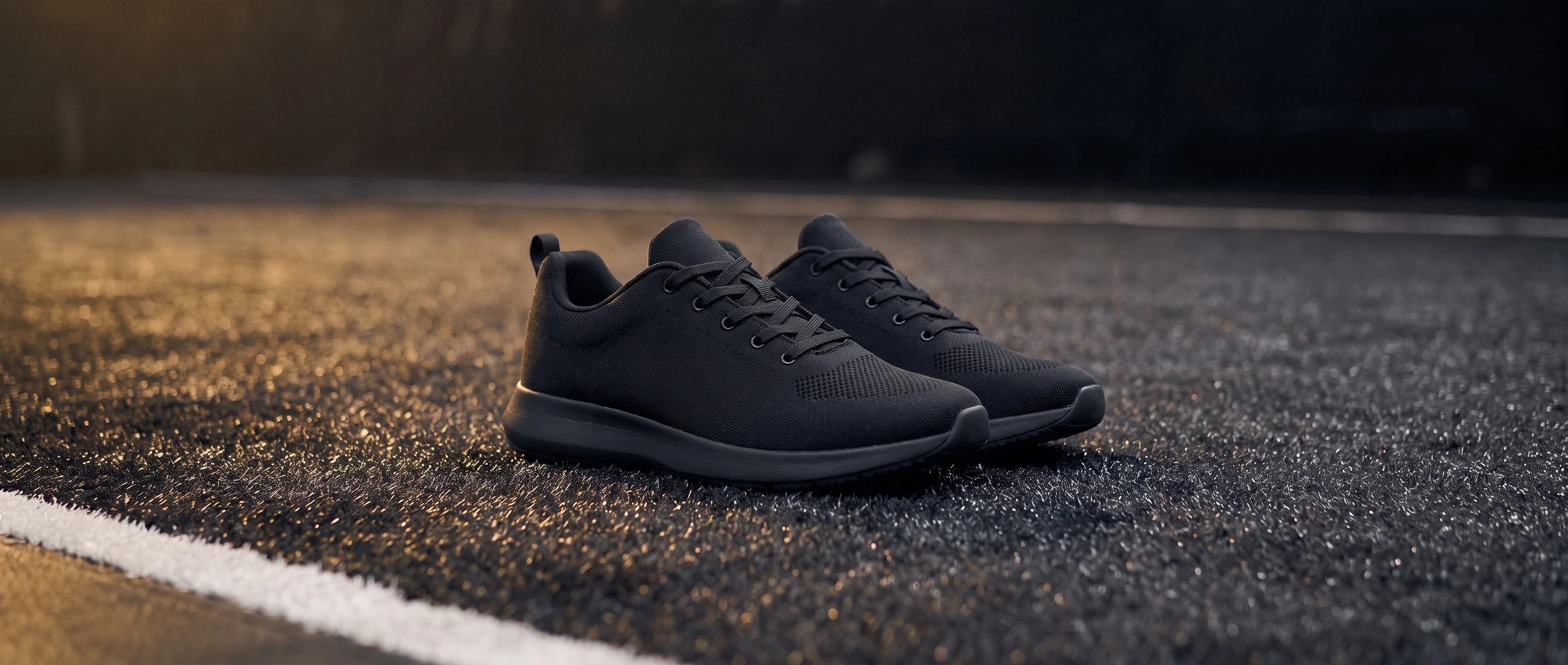 Plain unbranded black trainers resting on HYROX competition turf under dramatic gold light