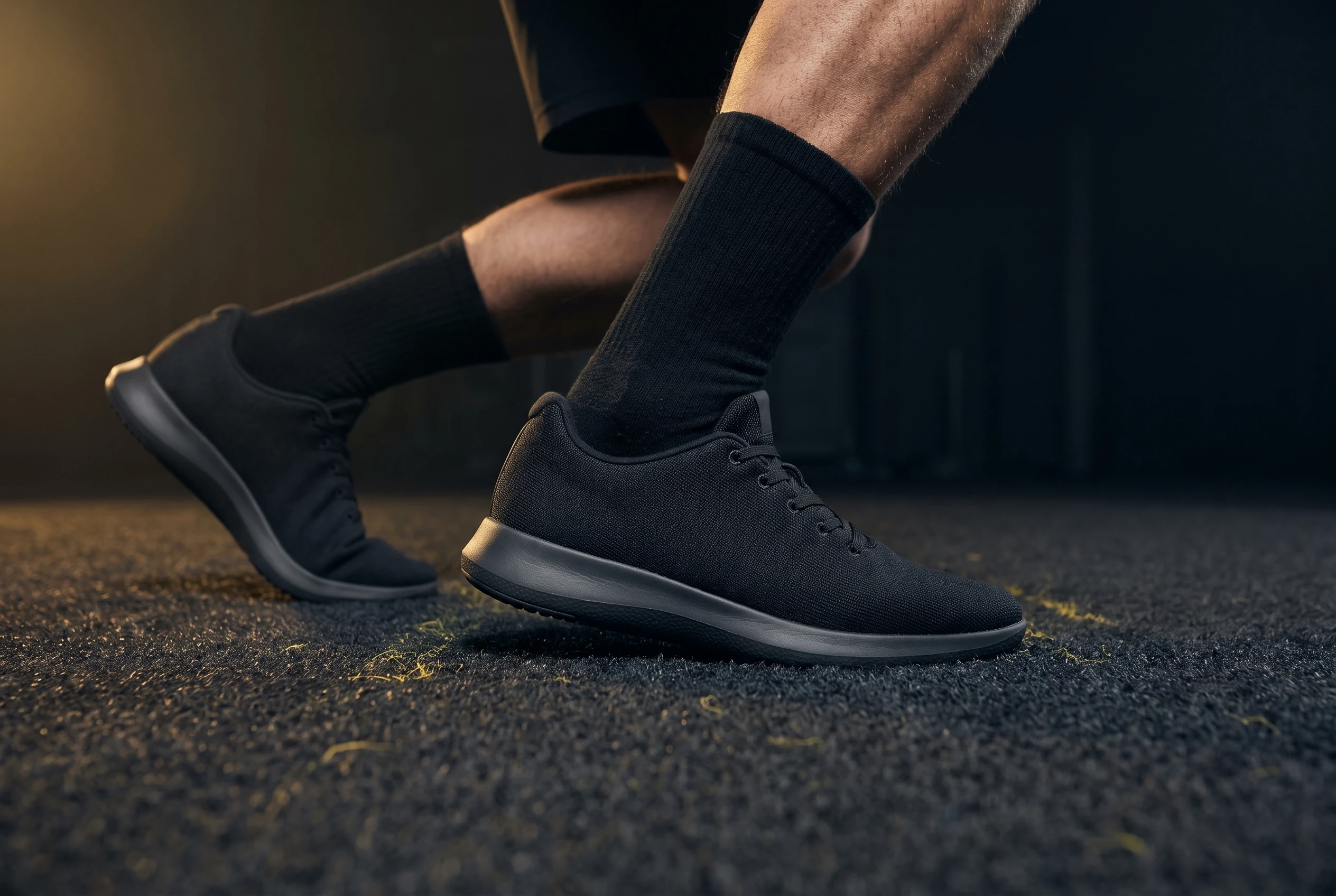 Close view of unbranded black trainers gripping HYROX turf during a loaded forward drive