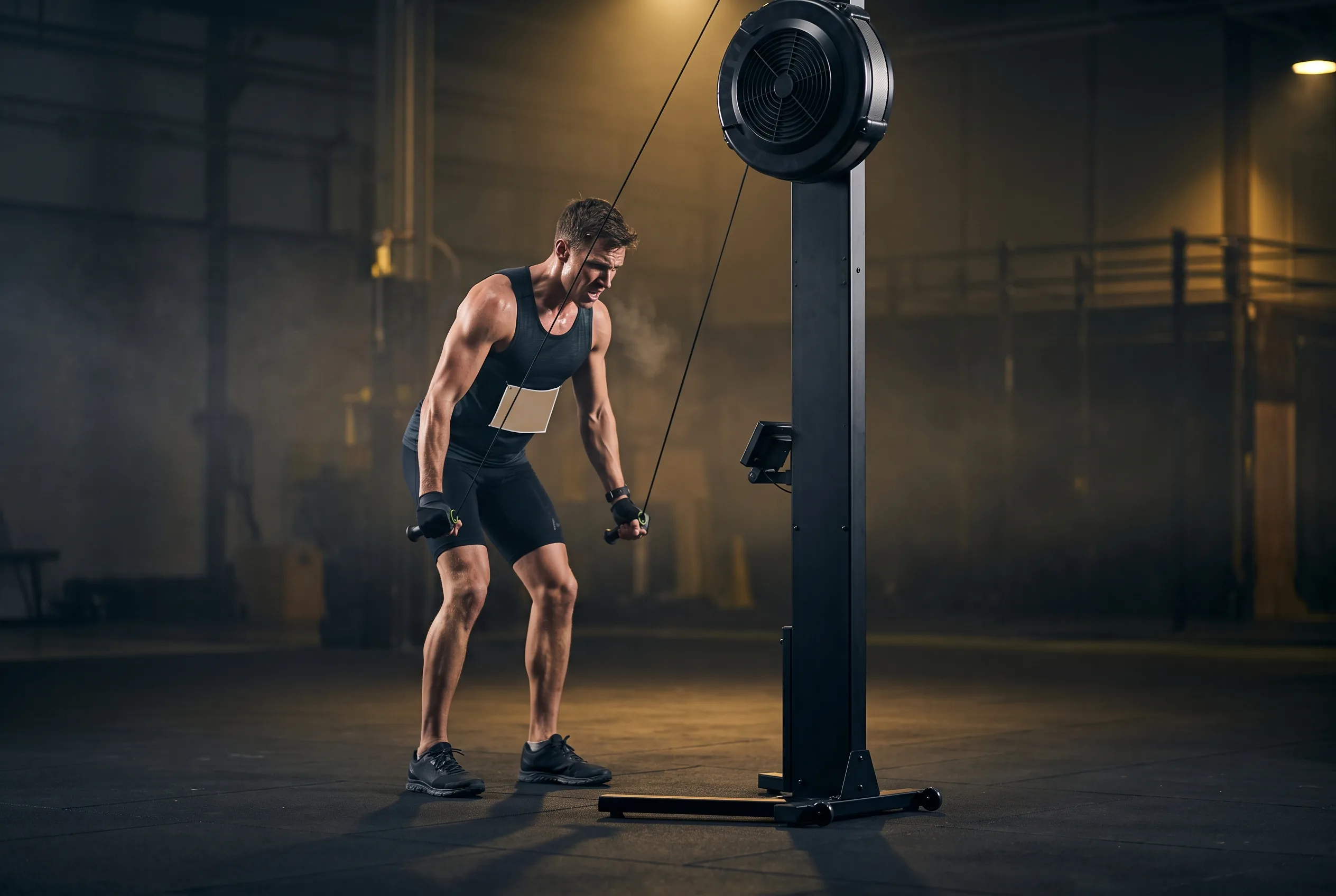 HYROX athlete training hard on a SkiErg in a dark hall under gold light