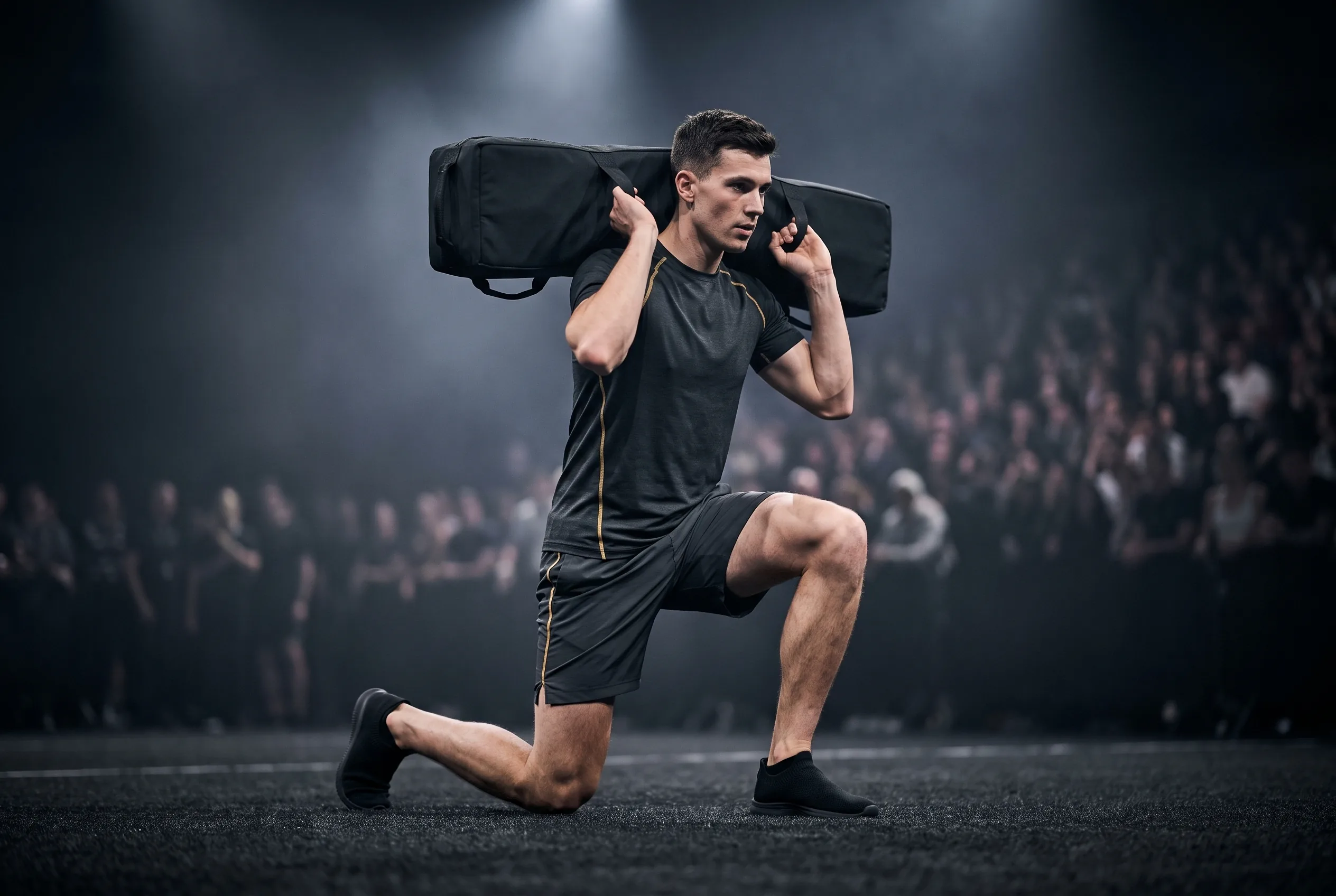 Athlete lunging with a HYROX sandbag across both shoulders on dark arena turf