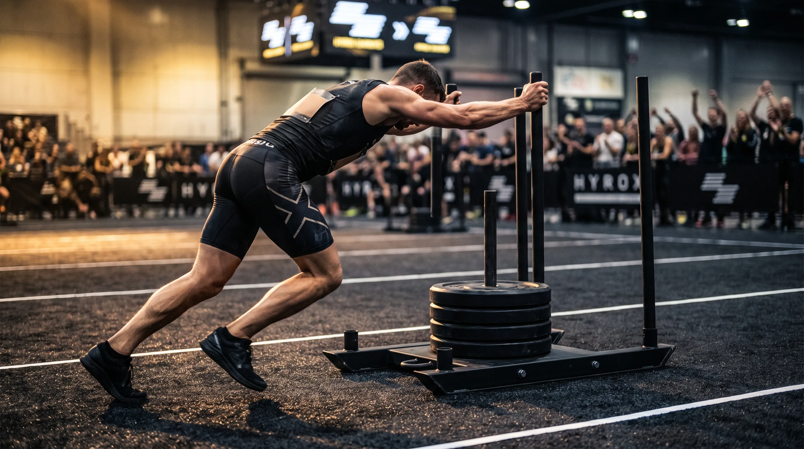 Athlete pushing a loaded sled on a dark HYROX competition floor under gold light
