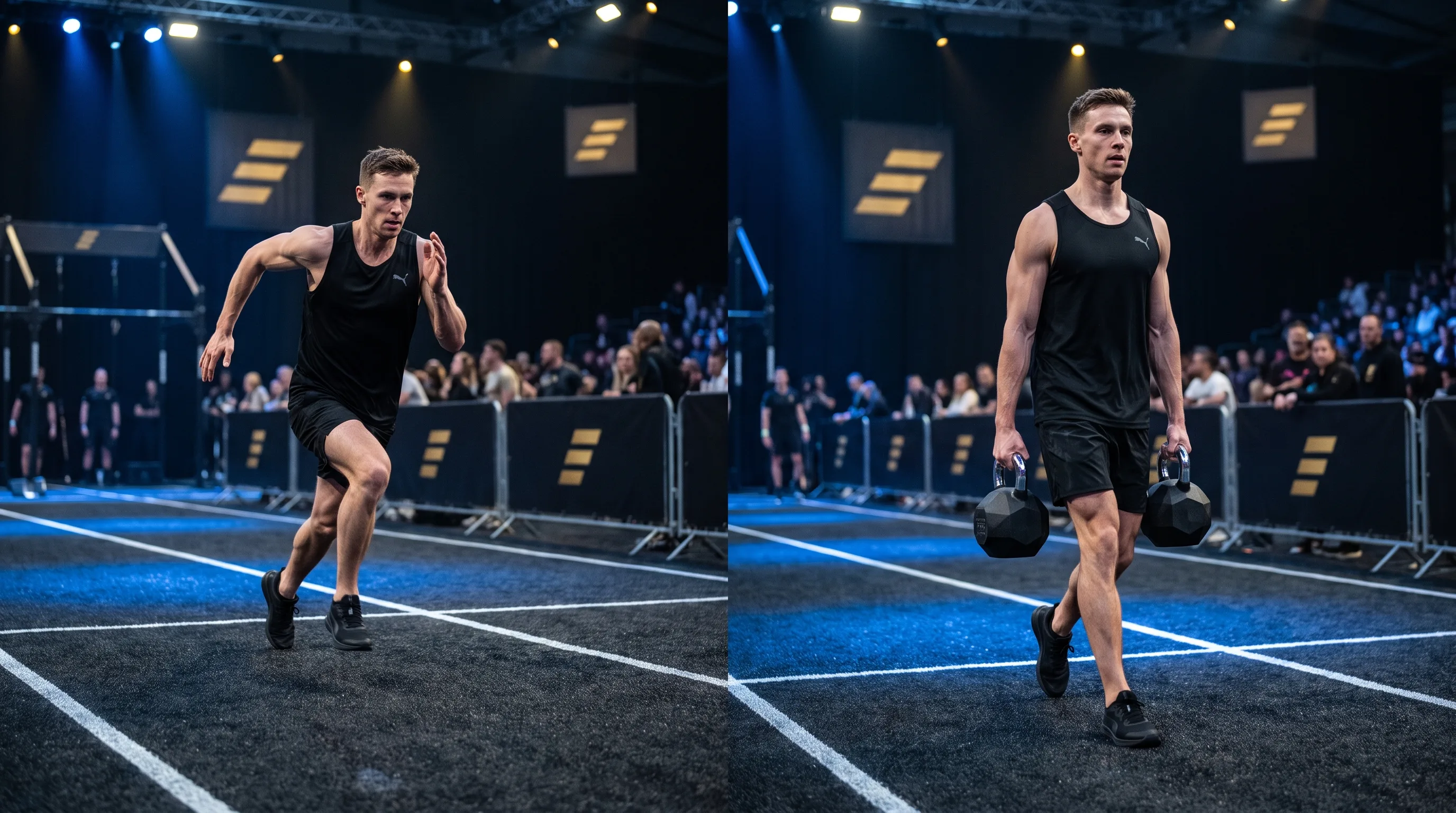 Split image of a HYROX athlete running and carrying kettlebells showing training balance