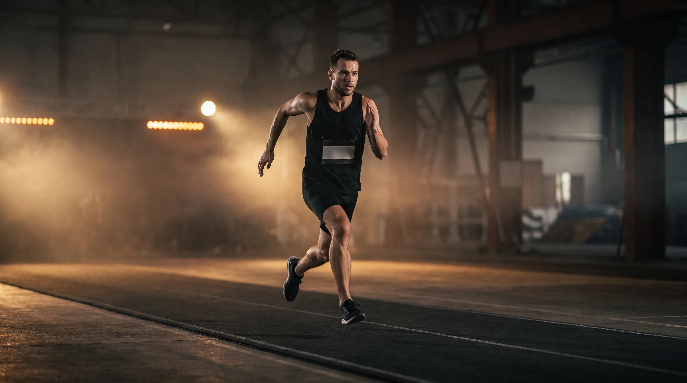 Athlete running on a dark HYROX race floor between stations during training