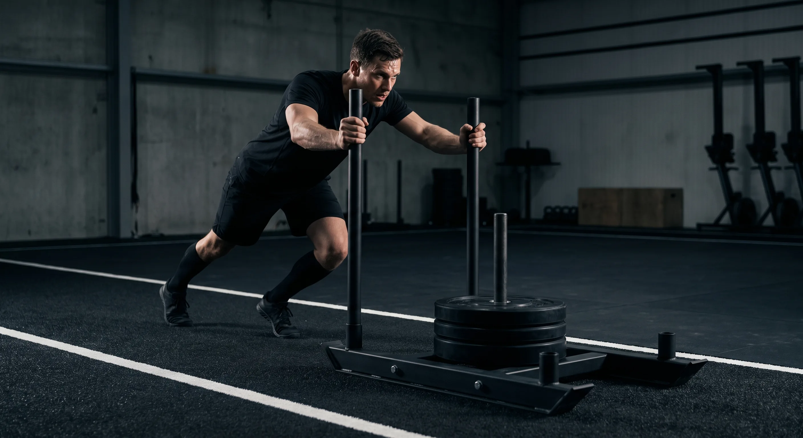 Athlete driving a weighted sled across a dark gym floor in training
