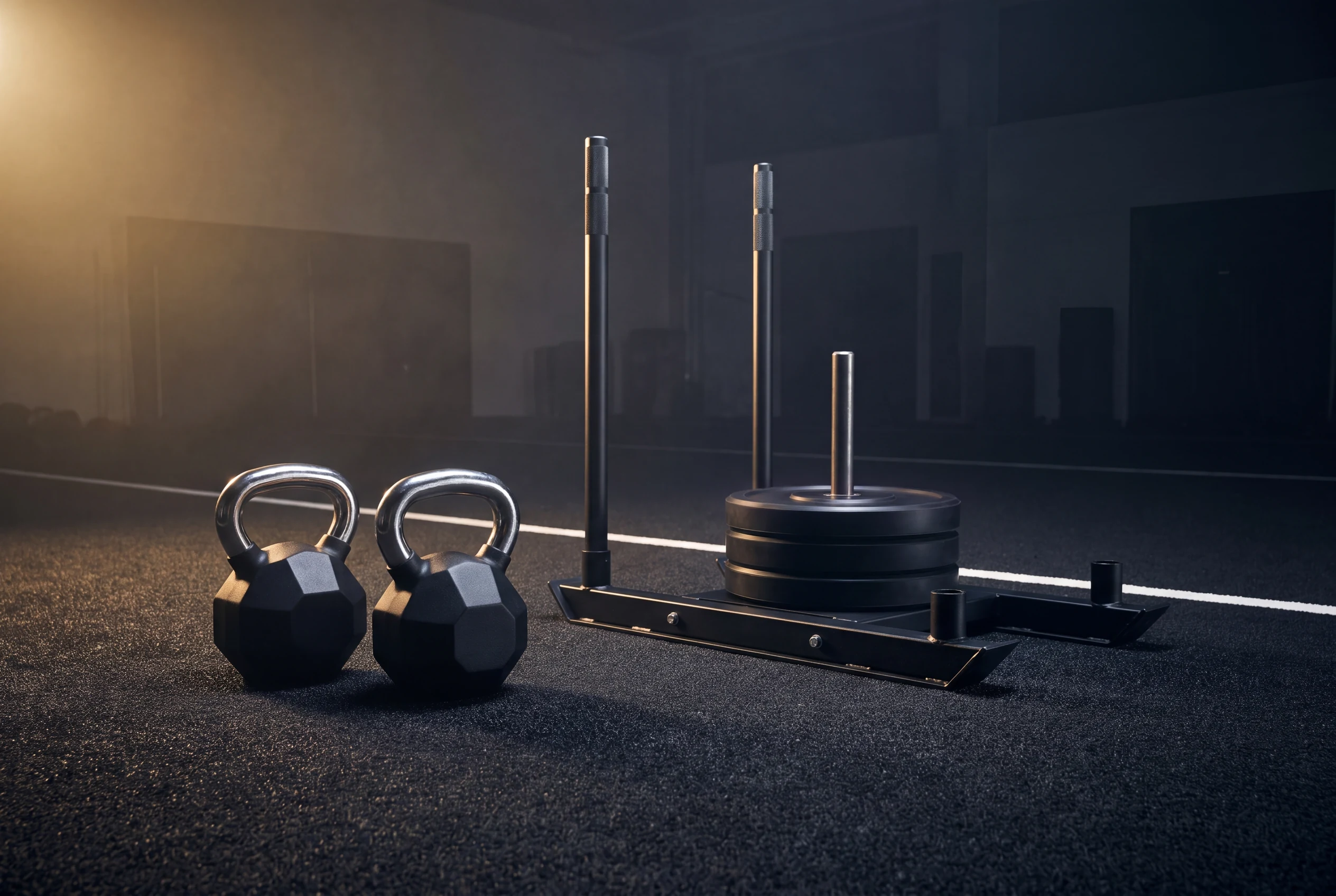 Octagonal HYROX kettlebells beside a loaded steel sled in dark training hall