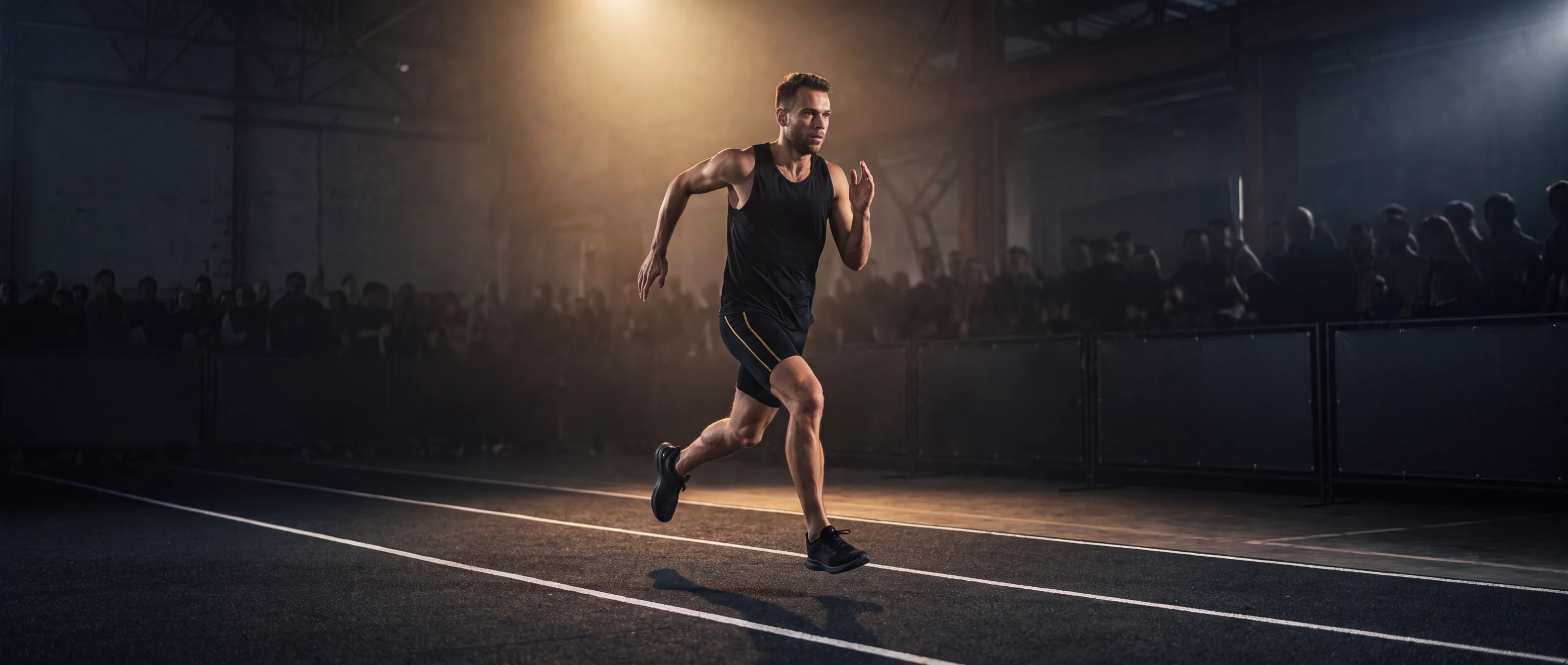 Lean HYROX athlete running alone on a dark training floor under gold light