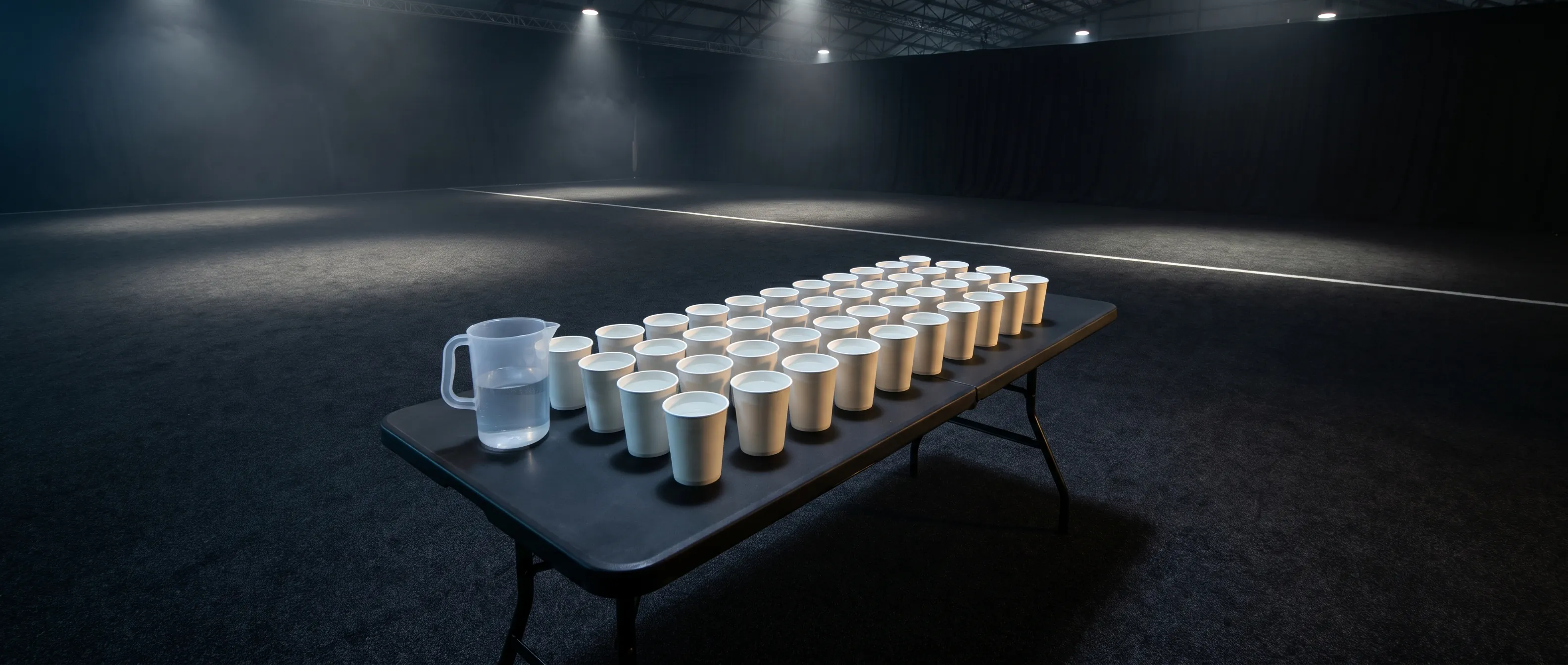 Rows of filled paper cups on a volunteer water table inside a dark HYROX race hall