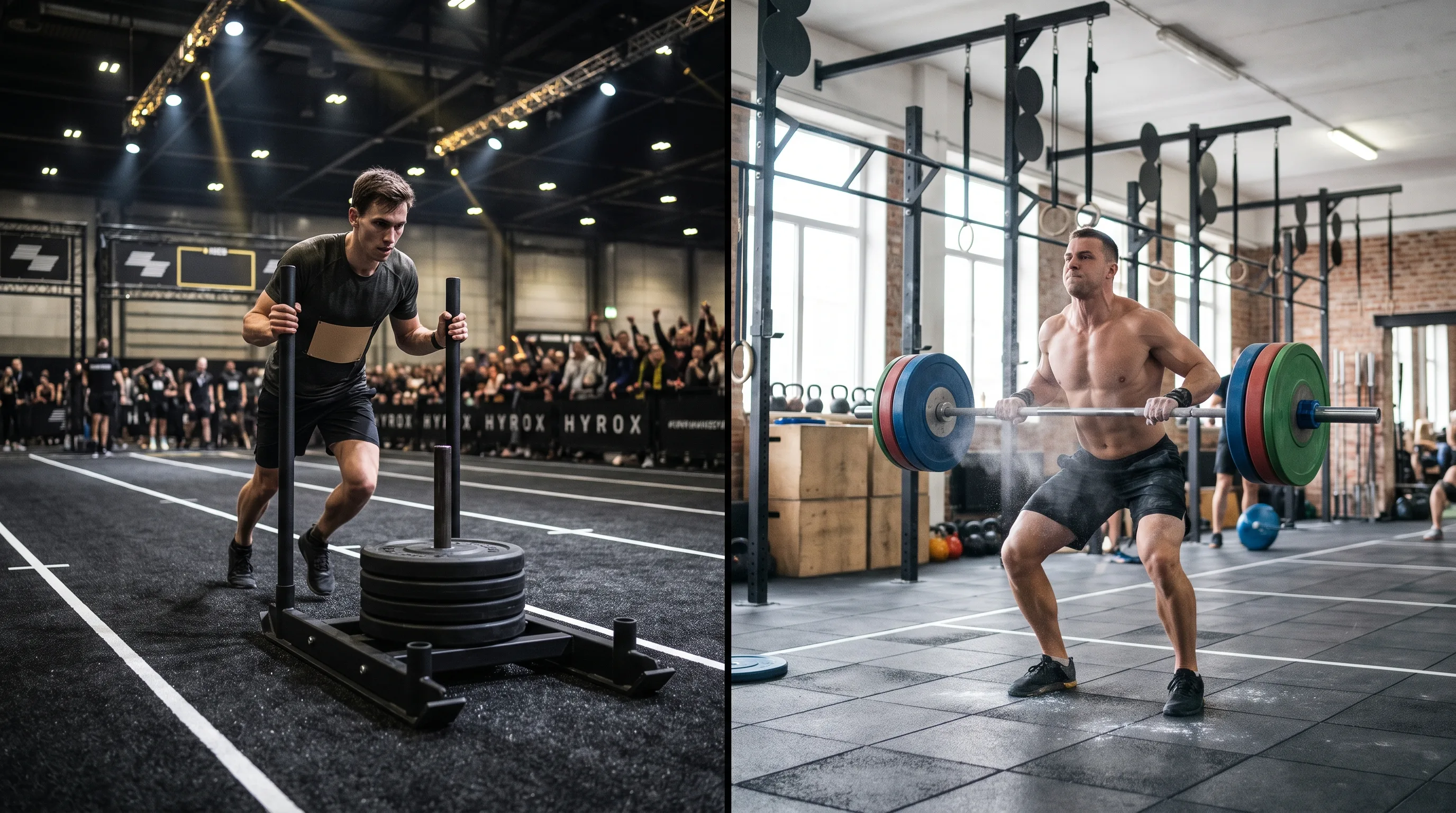 Split image of a HYROX sled push athlete versus a CrossFit barbell snatch athlete
