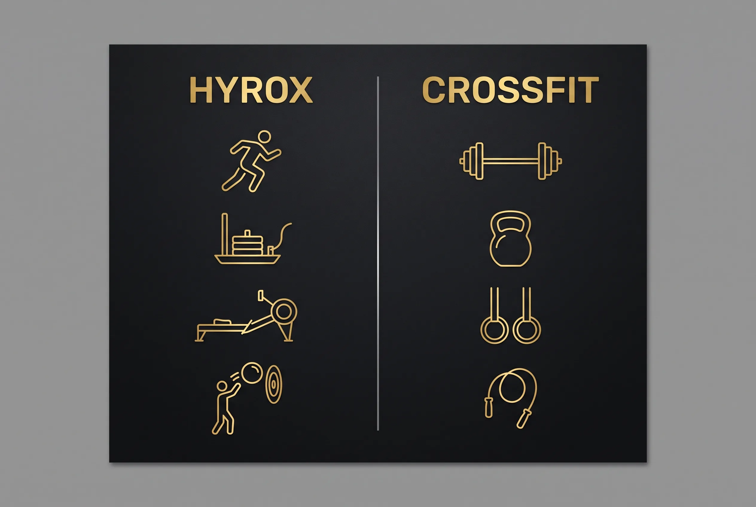 Icon comparison of HYROX stations versus CrossFit movements in gold on black