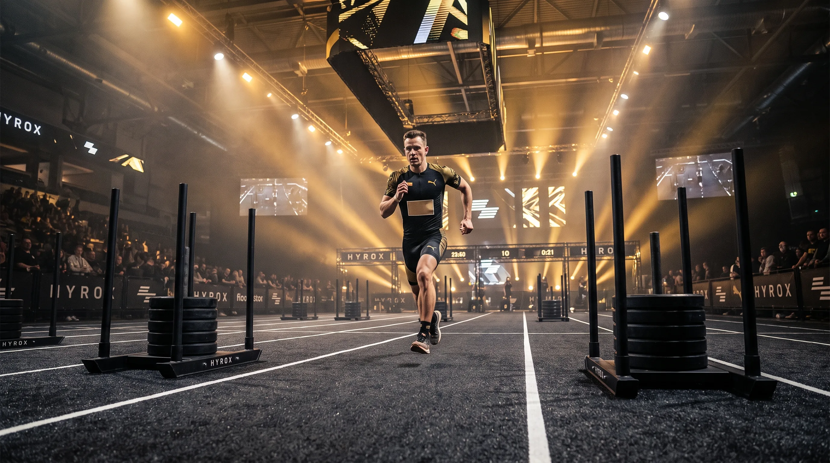Athlete running between stations on a dark HYROX competition floor under gold light