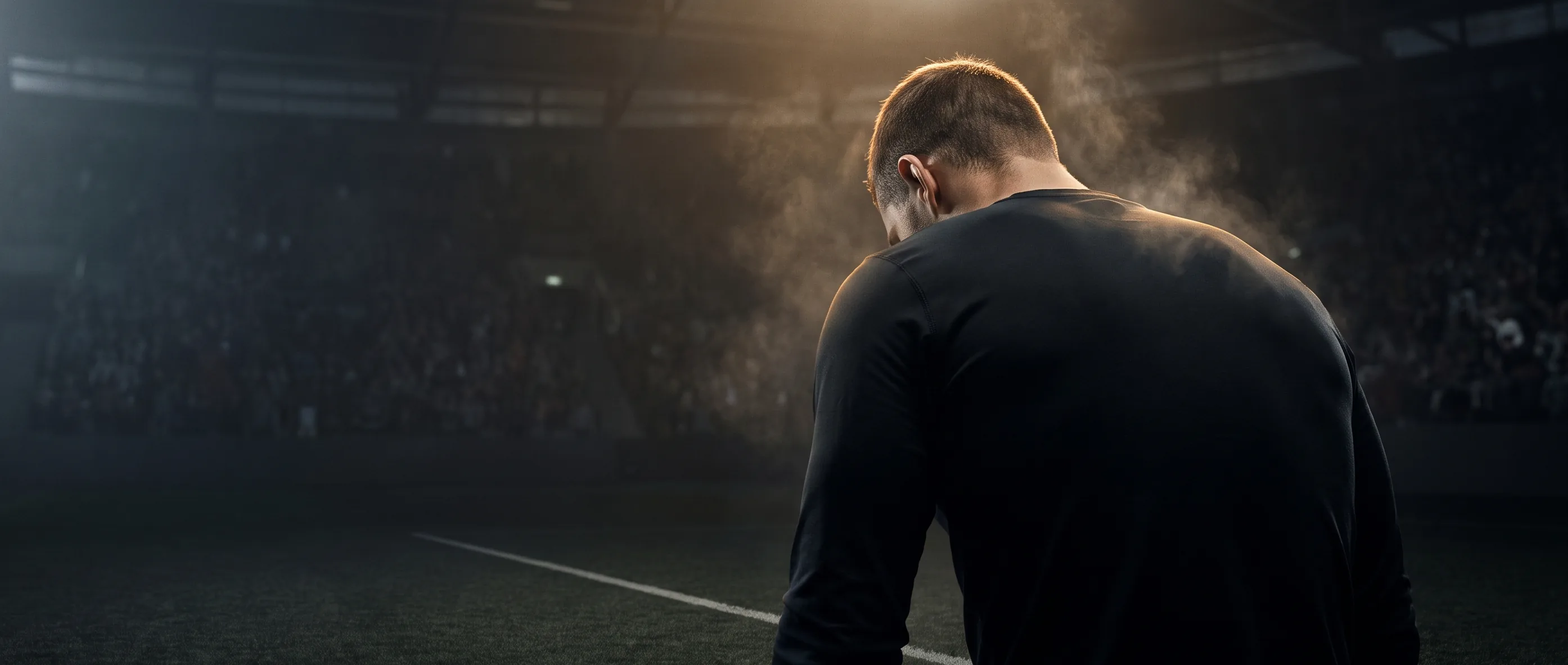 Athlete seen from behind, breathing hard after a race effort in a dark, hazy competition arena.