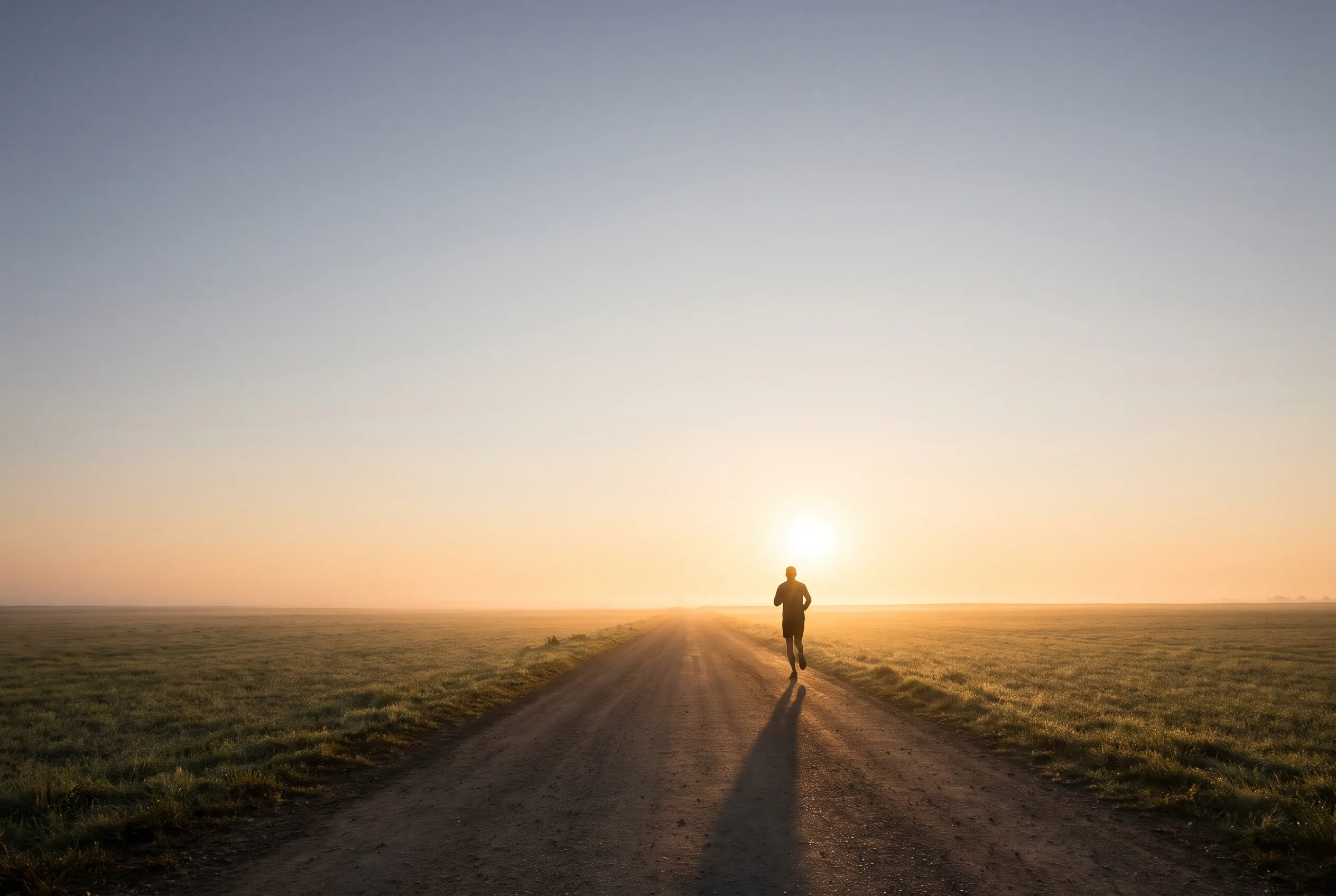 A lone runner silhouetted far down an empty country road at dawn.